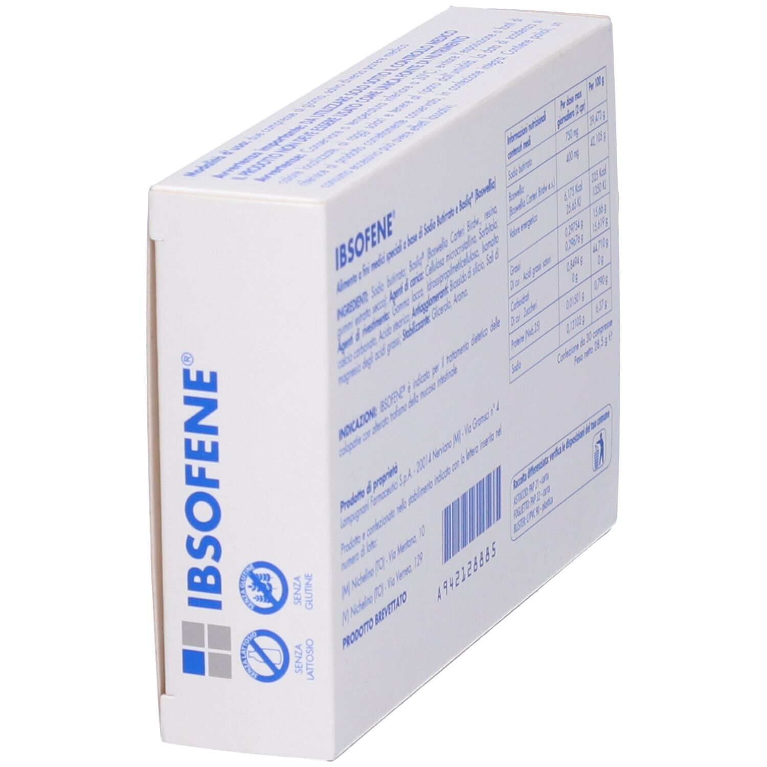 Scatola con scritta IBSOFENE. Ingredienti, informazioni nutrizionali, informazioni produttore. Motivo quadrato blu e grigio.