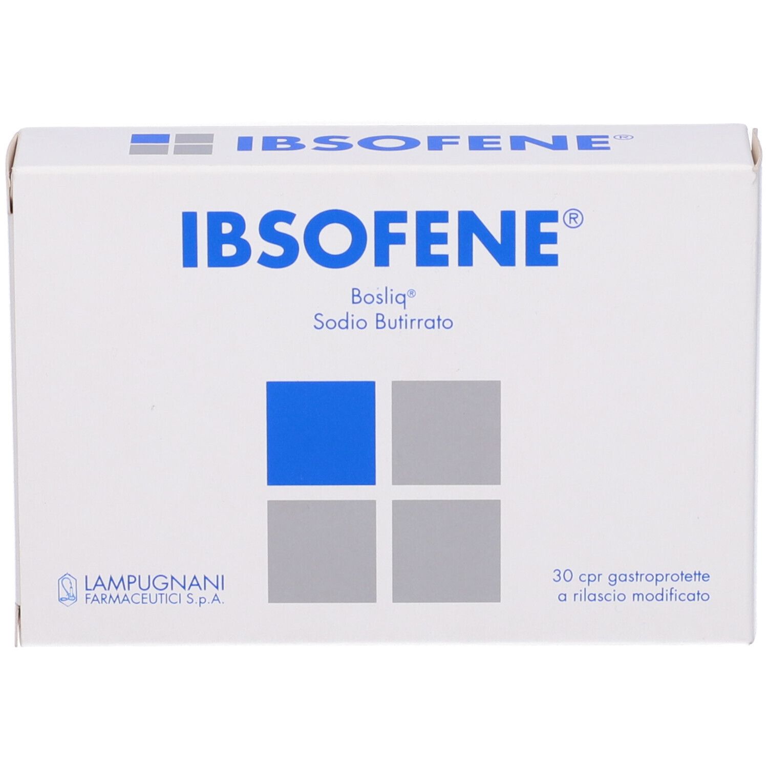 Scatola bianca con motivo quadrato blu e grigio. Scritta IBSOFENE, Bosliq, S. Butirrato. 30 compresse.