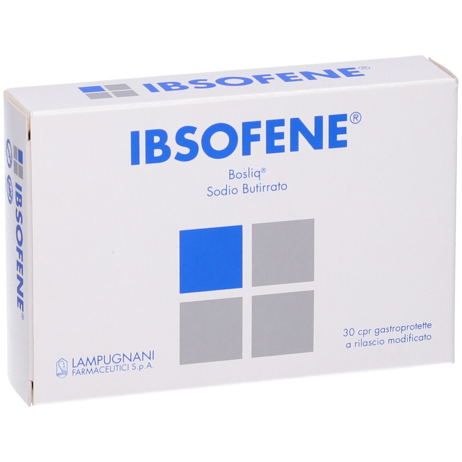 Scatola bianca con motivo quadrato blu e grigio. Scritta IBSOFENE, Bosliq, S. Butirrato. 30 compresse.