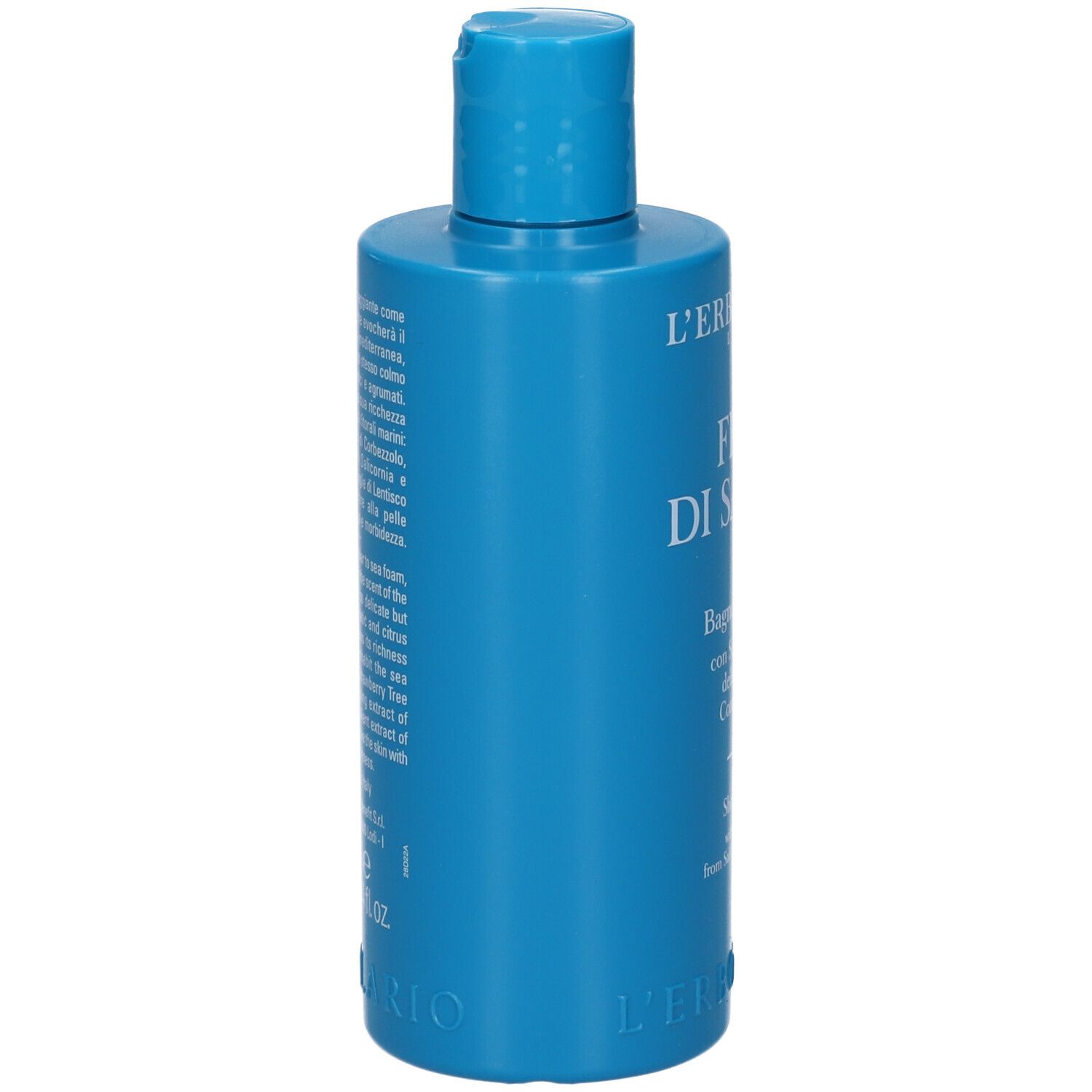 Bagnoschiuma blu L'Erbolario. Scritta Fior di Salina, Bagnoschiuma. Vista laterale.