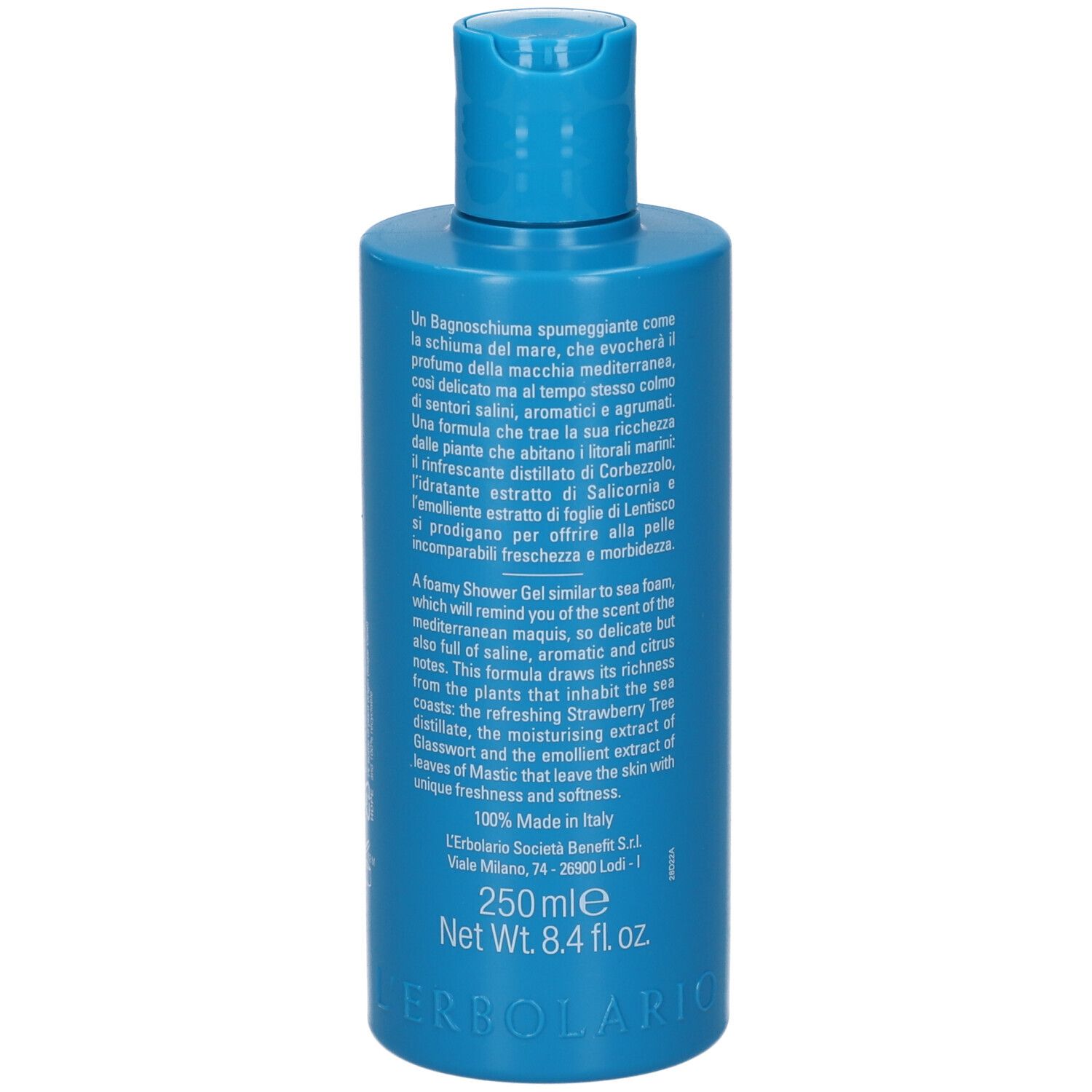 Retro del bagnoschiuma blu L'Erbolario. Testo multilingue. 250ml.