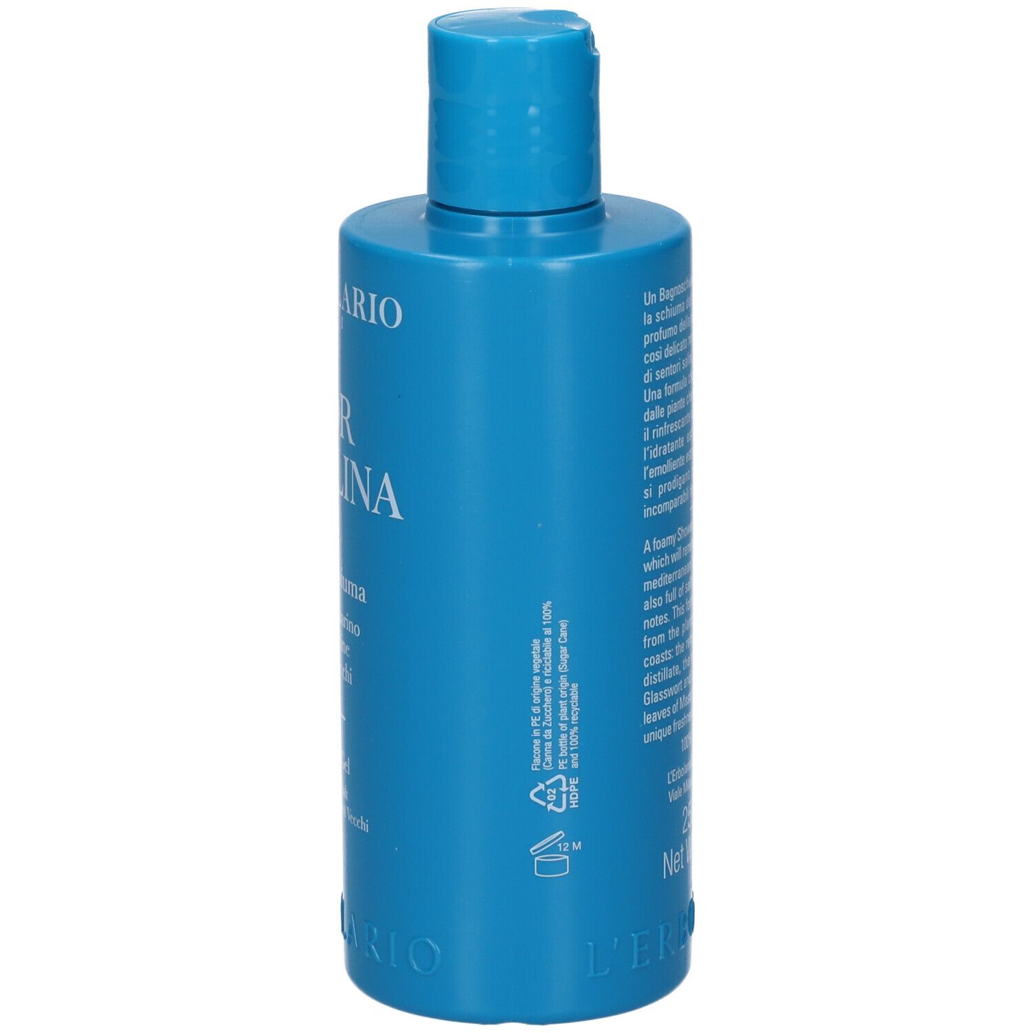 Bagnoschiuma blu L'Erbolario. Scritta Fior di Salina, Bagnoschiuma. Vista dettagliata.