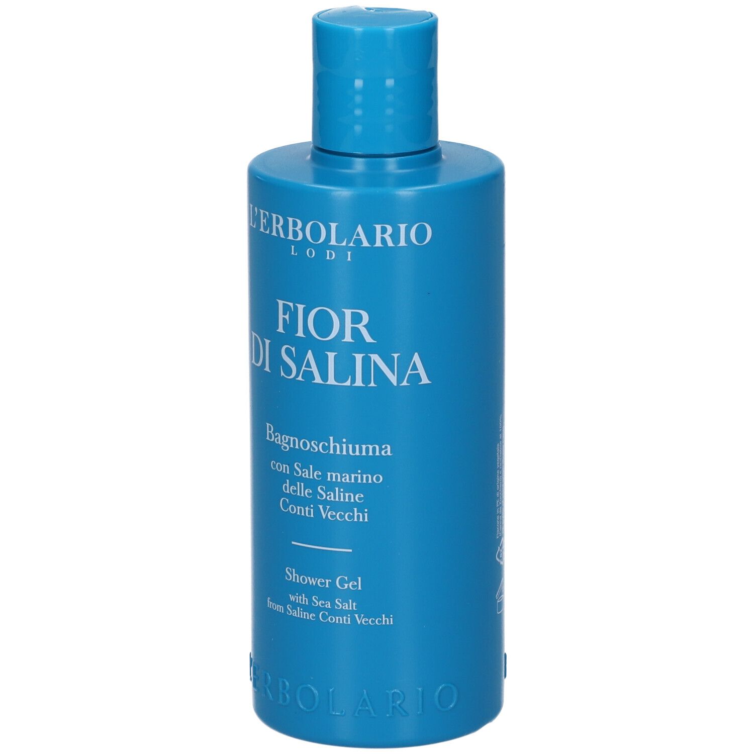 Bagnoschiuma blu L'Erbolario. Scritta Fior di Salina, Bagnoschiuma. Con tappo blu.