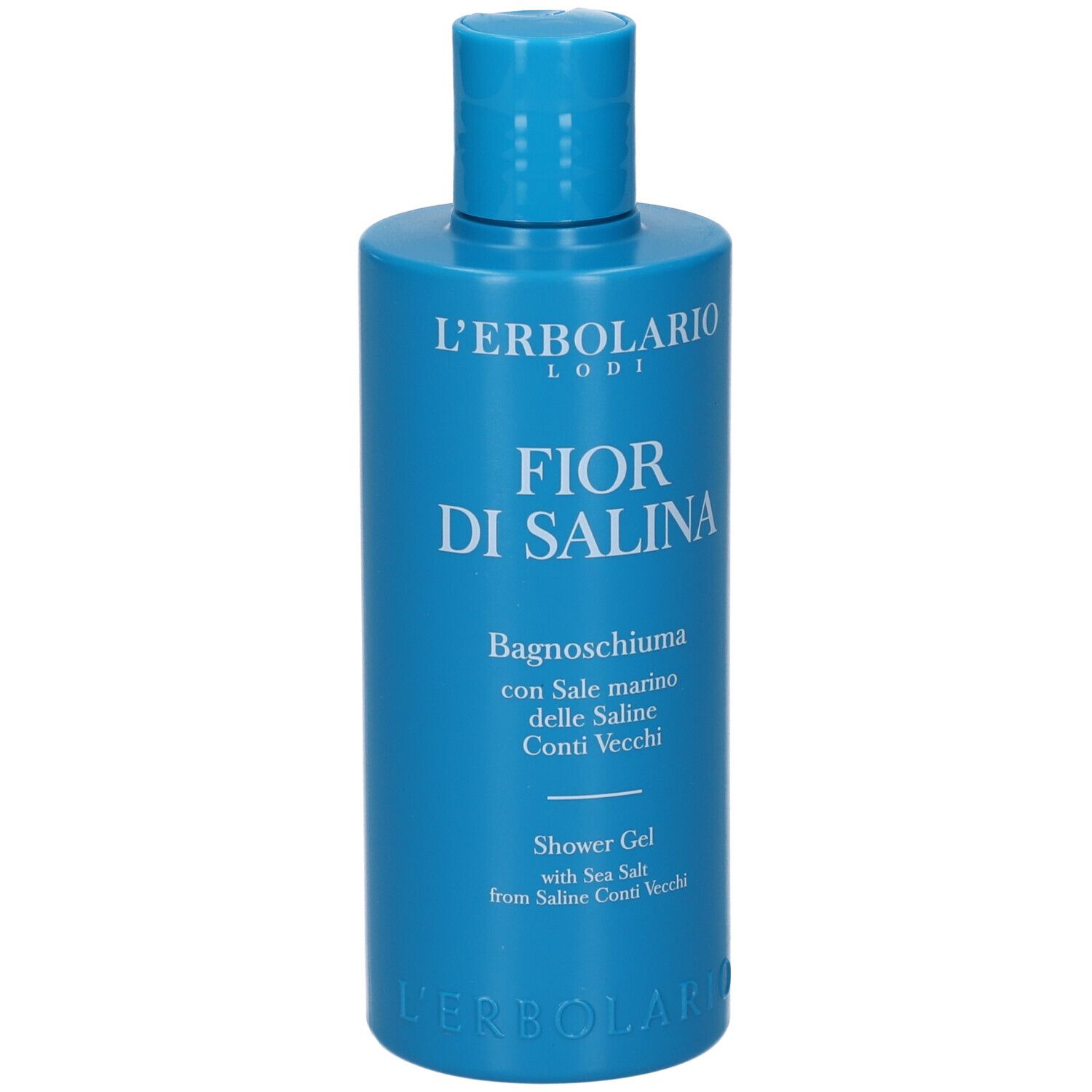Bagnoschiuma blu L'Erbolario. Scritta Fior di Salina, Bagnoschiuma. Con tappo blu.