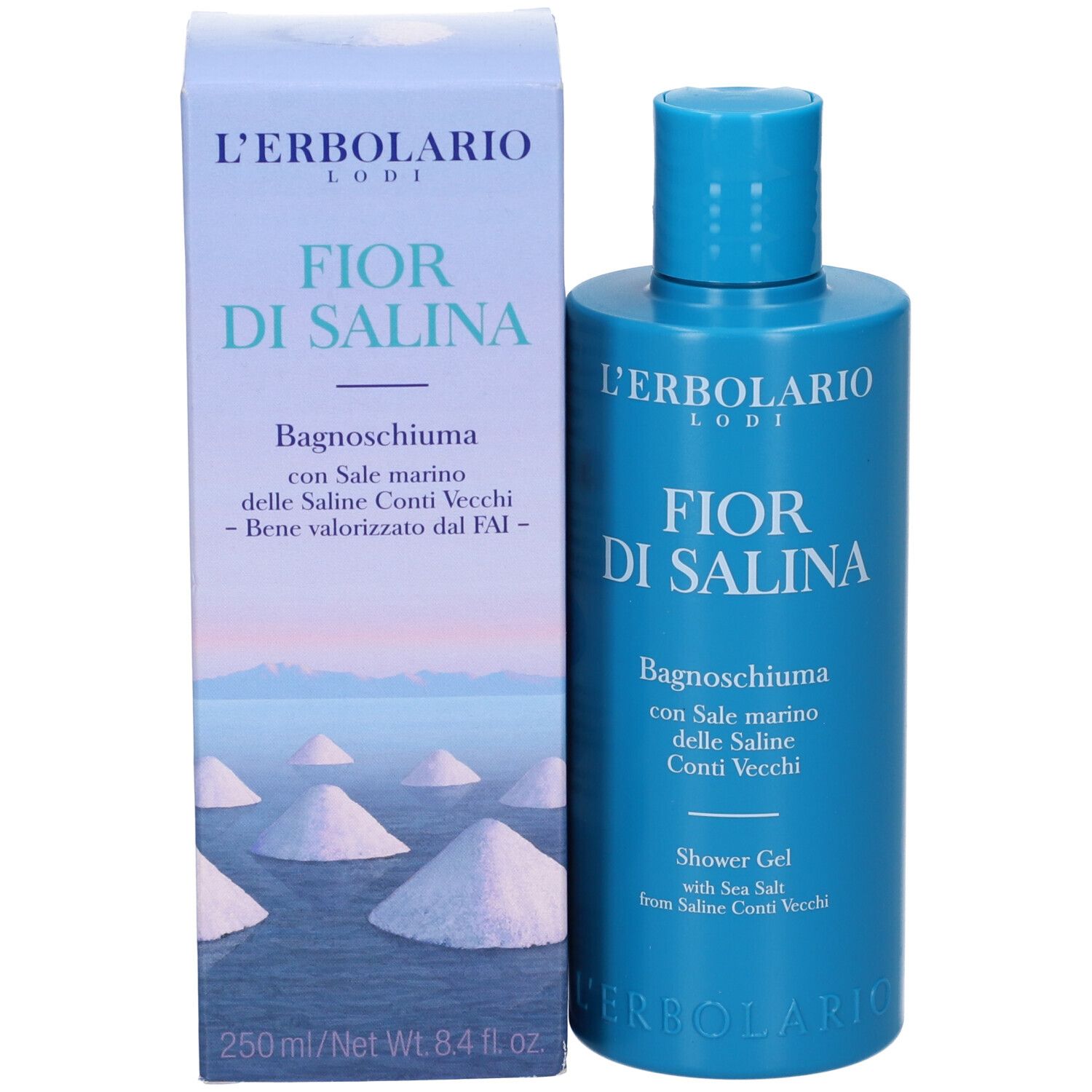 Bagnoschiuma e confezione L'Erbolario. Scritta Fior di Salina, Bagnoschiuma. 250ml.