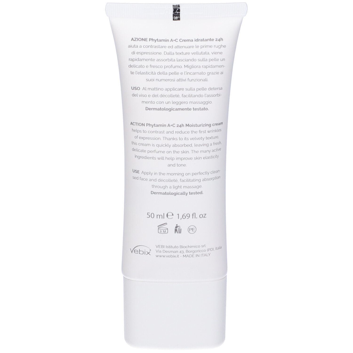 Retro del tubo. Scritta: Azione Phytamin A-C, 24h Moisturizing cream, 50 ml.
