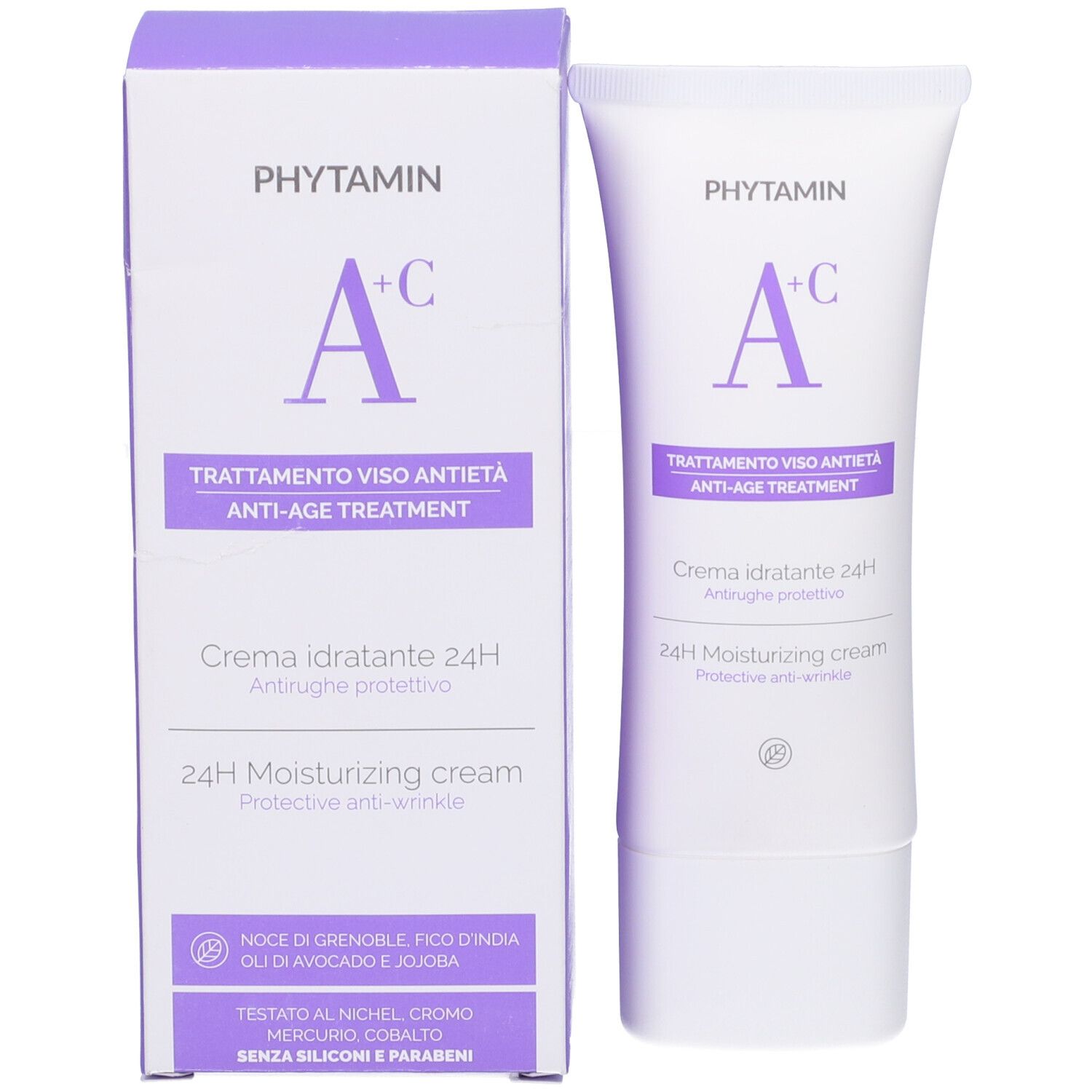 Prodotto e confezione. Scritta: Phytamin, A+C, Trattamento Viso Antietà, Crema Idratante 24H.