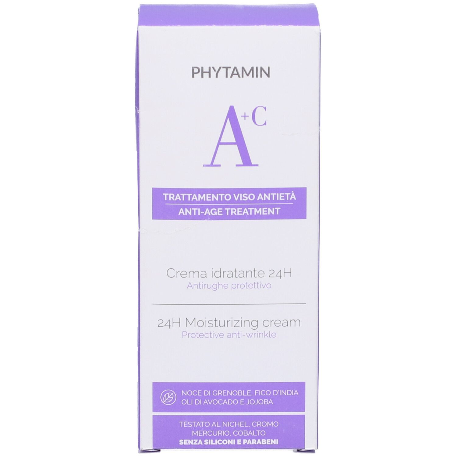 Confezione. Scritta: Phytamin, A+C, Trattamento Viso Antietà, Crema Idratante 24H.