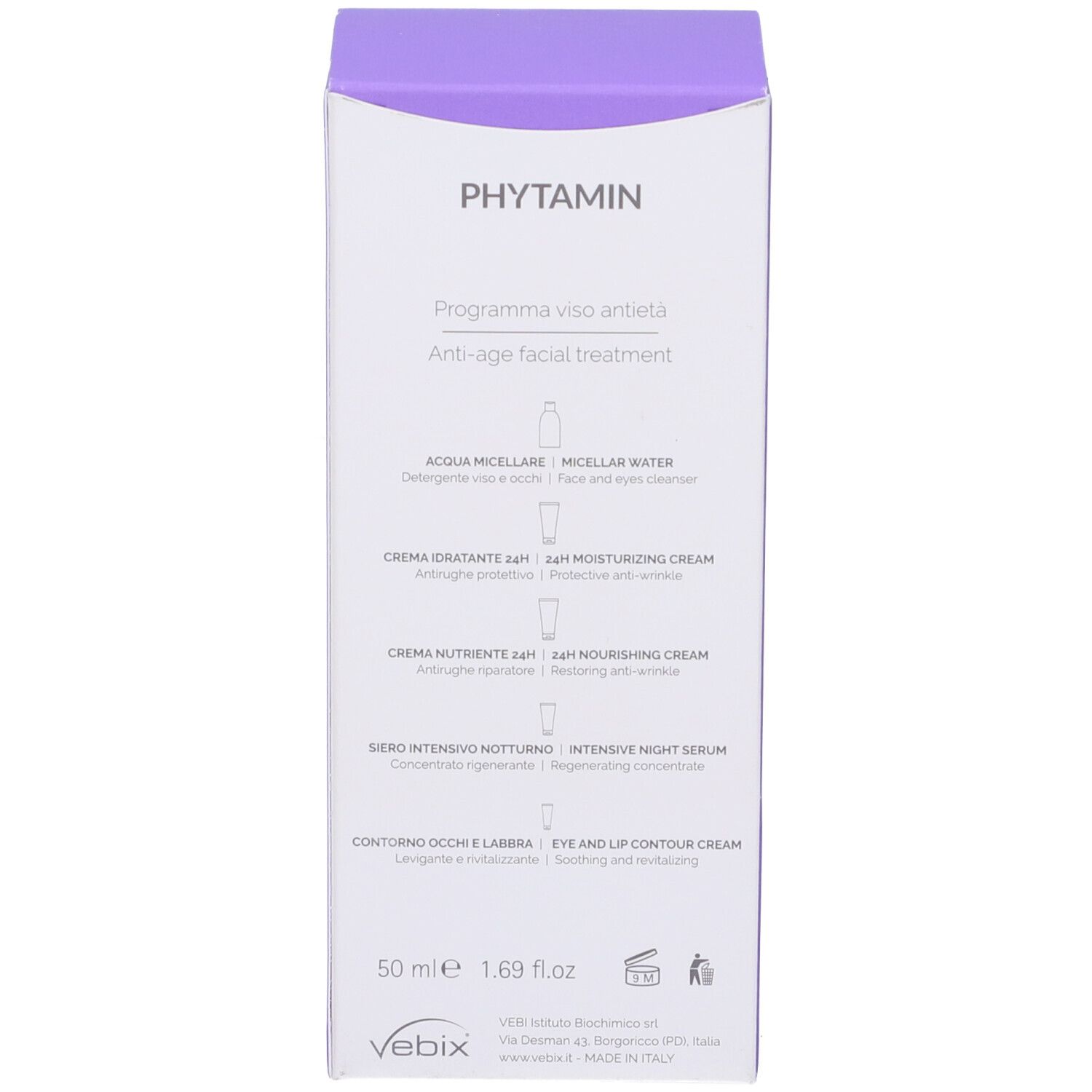 Confezione. Scritta: Programma Viso Antietà, Crema Idratante 24H, 50 ml.
