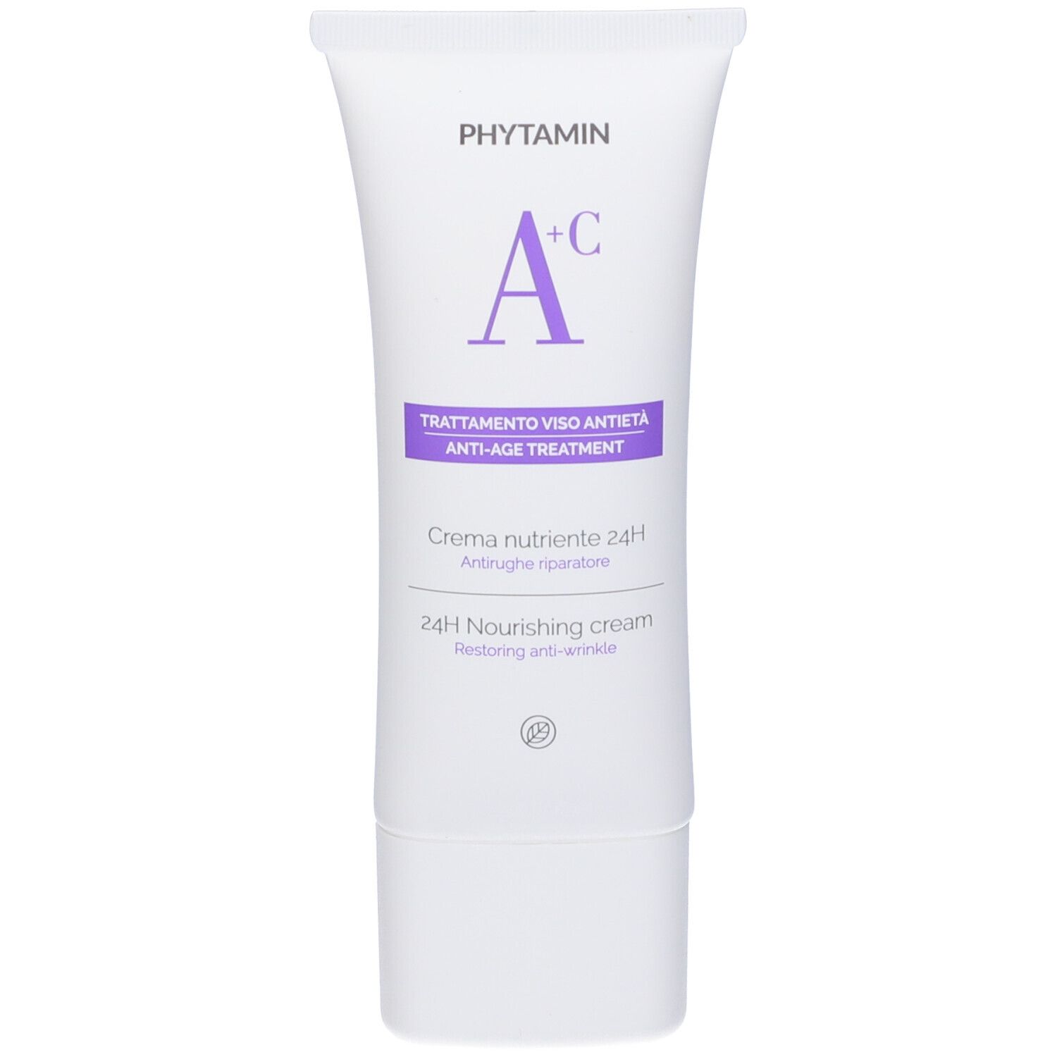 Tubo bianco con scritta viola: Phytamin A+C, Trattamento viso antieta. Creme nutriente 24H.