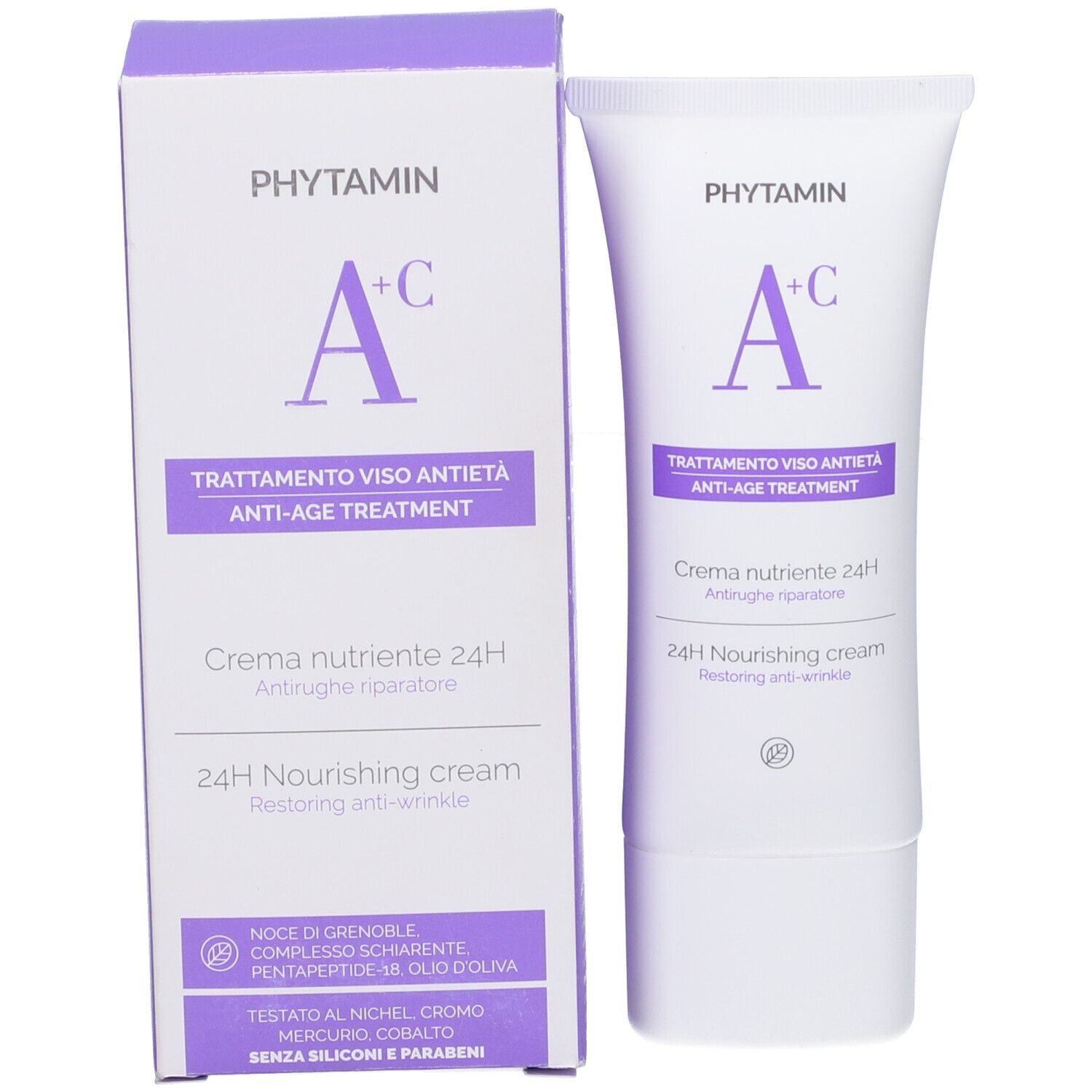 Scatola e tubo. Scritta: Phytamin A+C, Trattamento viso antieta. Creme nutriente 24H.