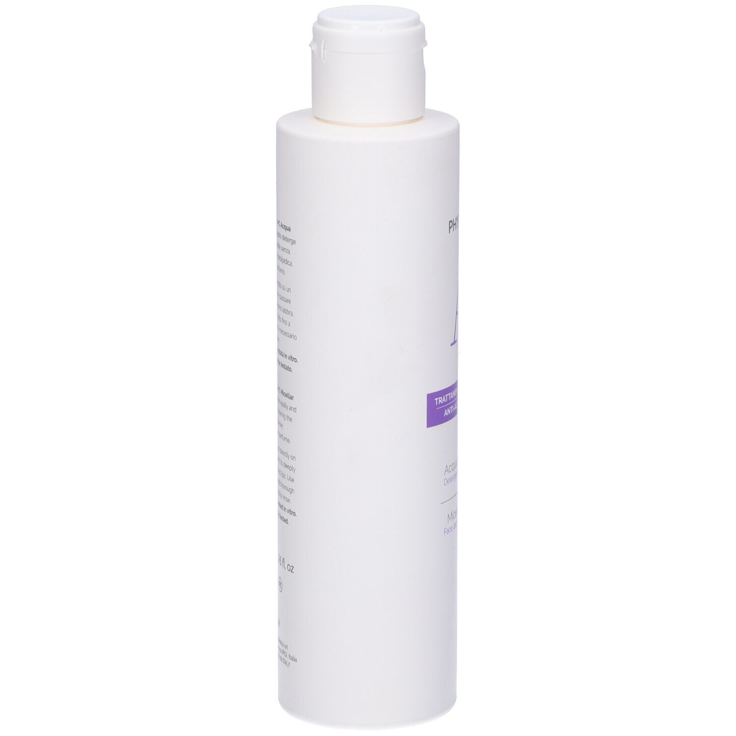 Flacone bianco con tappo a ribalta. Testo in italiano sul lato.