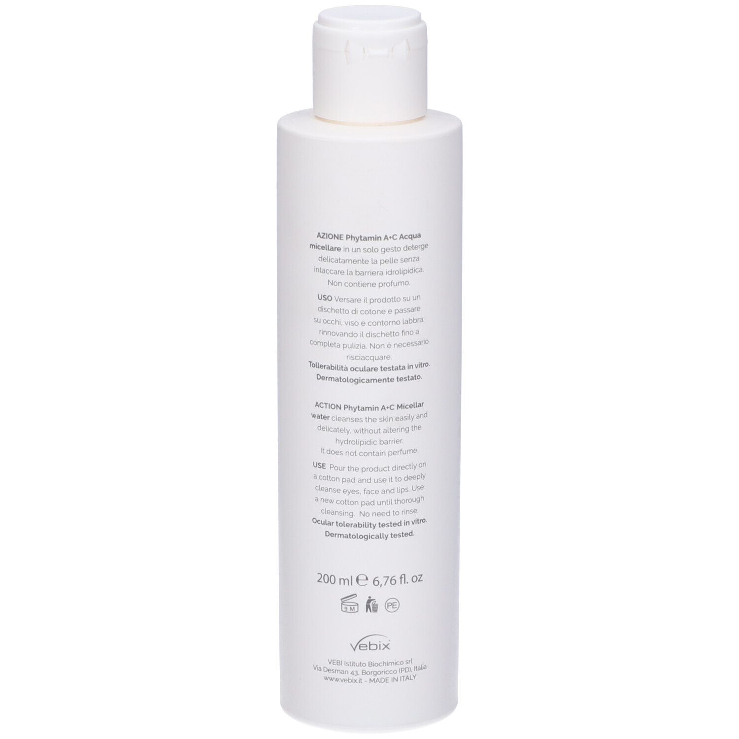 Flacone bianco con tappo a ribalta. Scritta: 200 ml, 6.76 fl. oz. Testo in italiano e inglese.