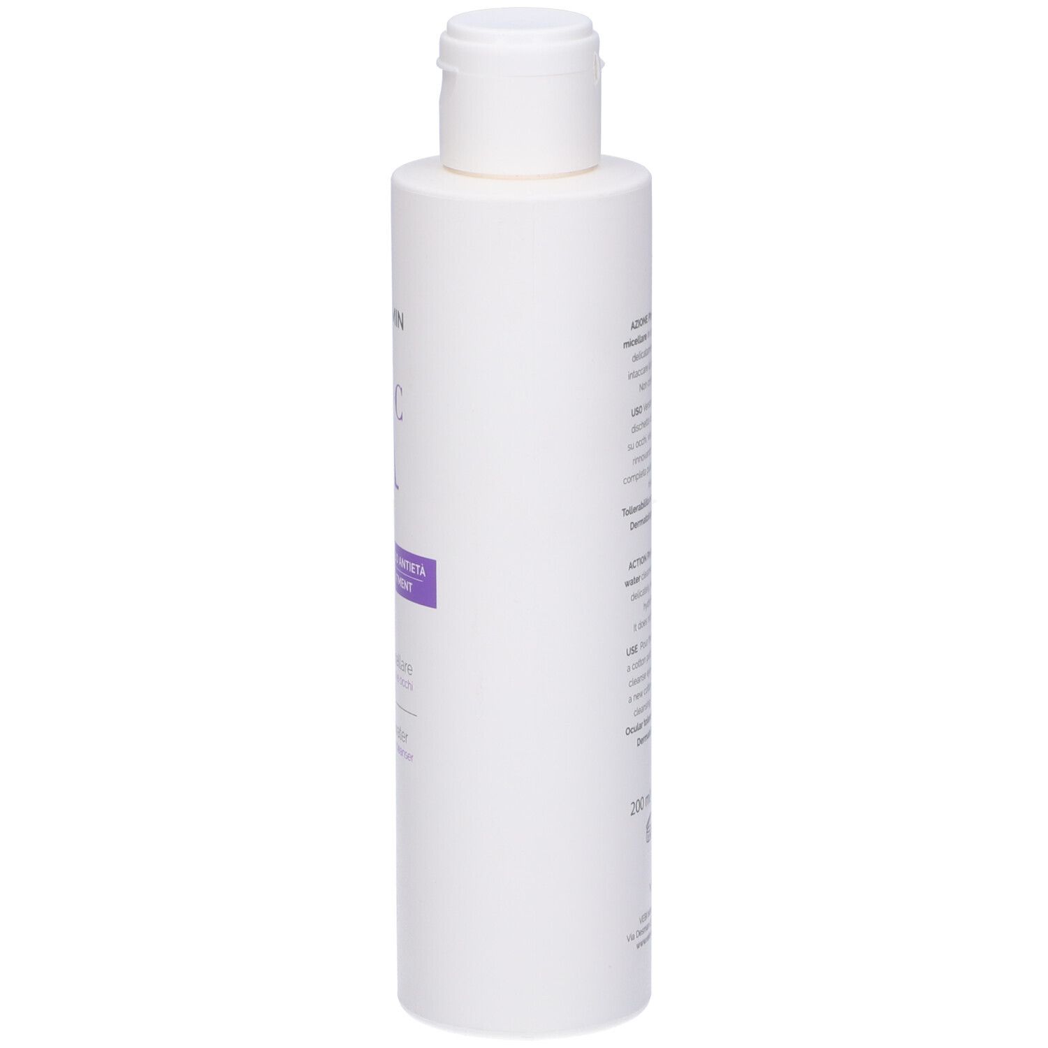 Flacone bianco con tappo a ribalta. Testo in italiano sul lato.