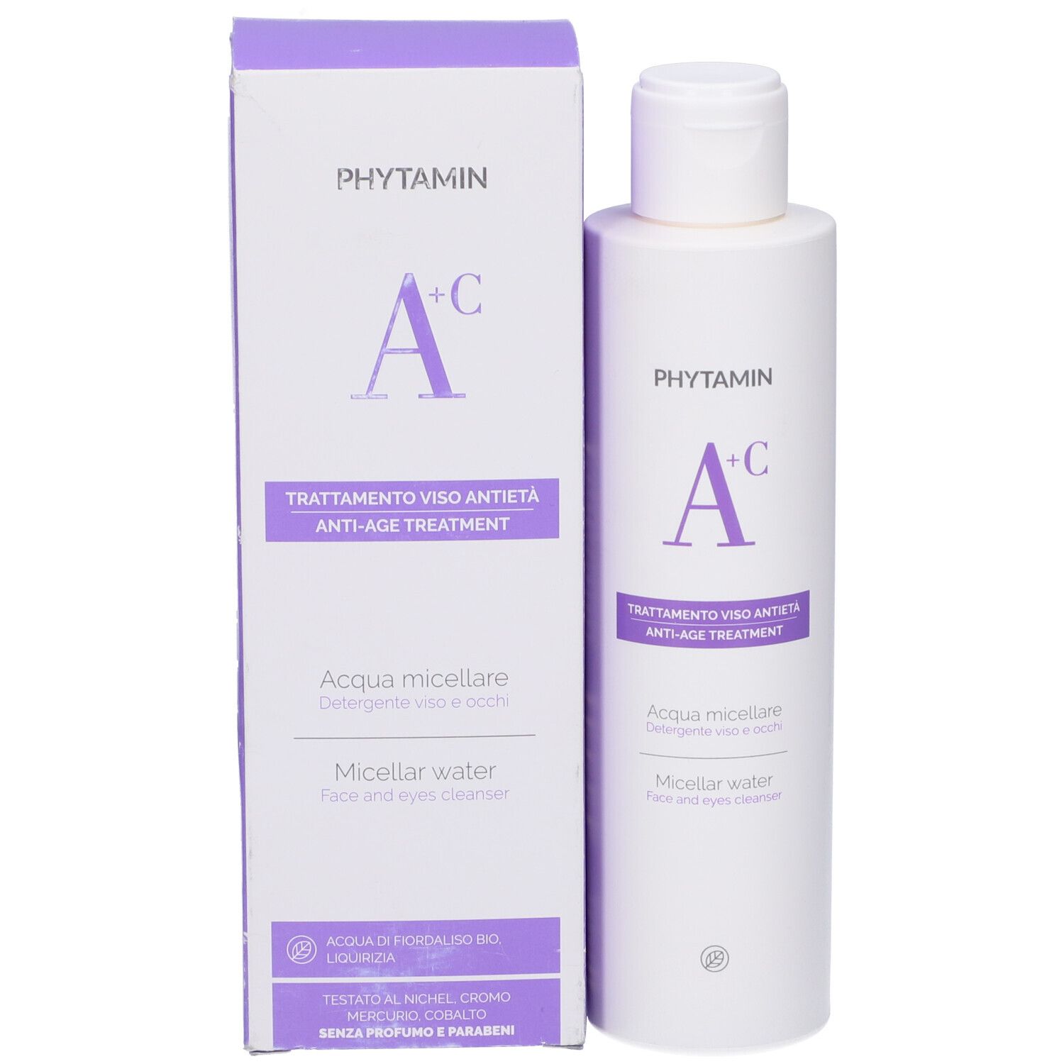 Prodotto con confezione. Flacone e scatola bianchi. Scritta: Phytamin, A+C, trattamento anti-età, acqua micellare.