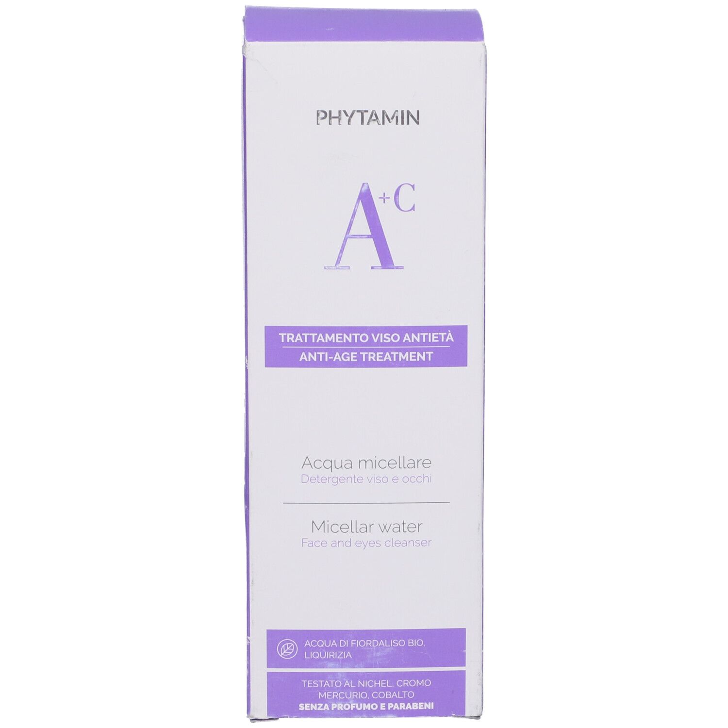 Confezione in cartone. Scritta: Phytamin, A+C, trattamento anti-età, acqua micellare. Testo in italiano.