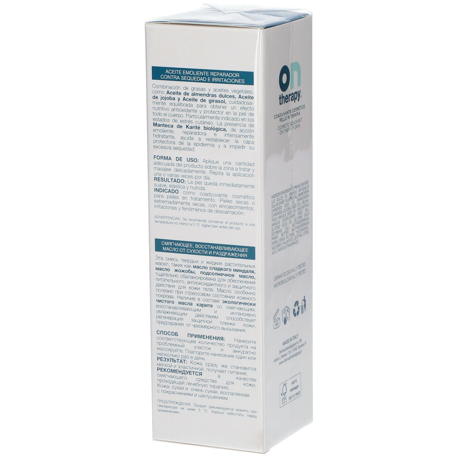 Lato della scatola Ontherapy. Testo su uso e ingredienti. 150 ml.