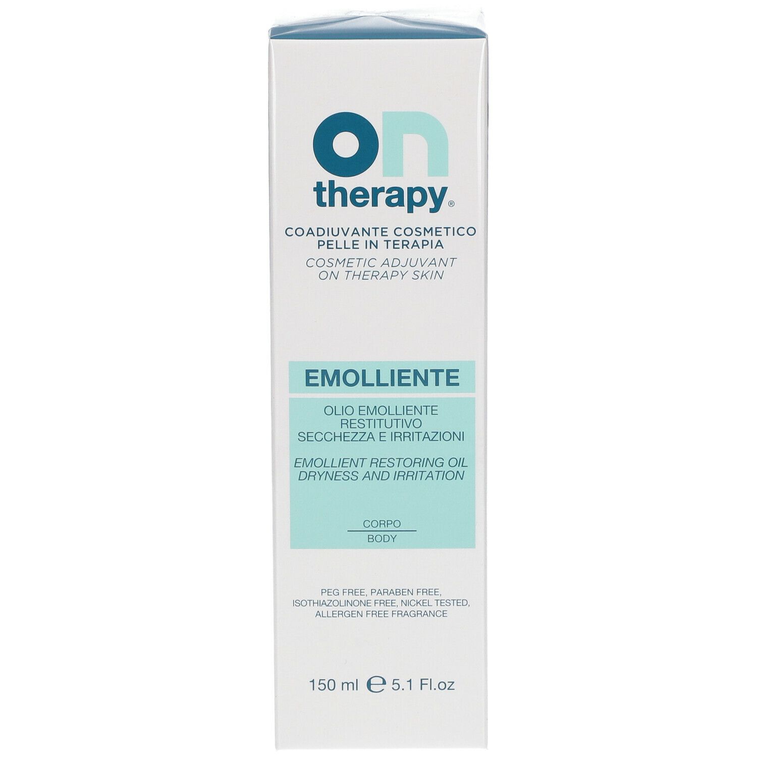 Fronte della scatola Ontherapy. Scritta: Emolliente. 150 ml.
