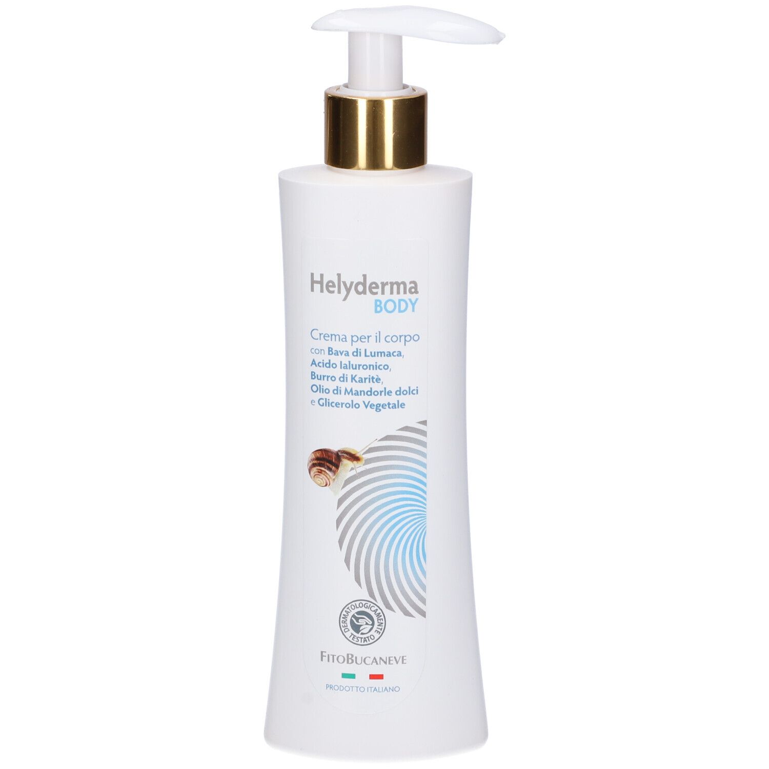 Flacone bianco con dosatore e ghiera dorata. Scritta: Helyderma BODY. Testo: Creme per il corpo. Logo FitoBucaneve.