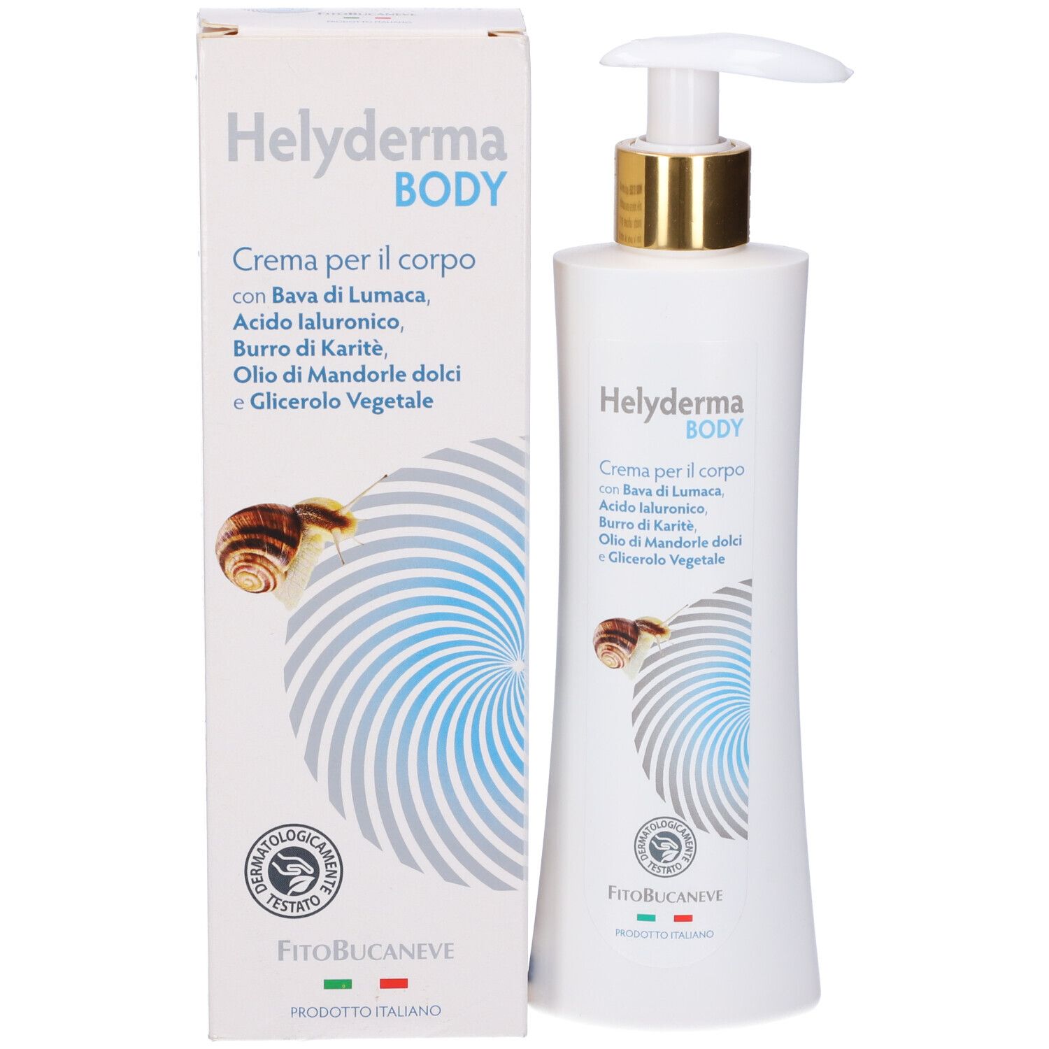 Flacone bianco con dosatore e scatola. Scritta: Helyderma BODY. Testo: Creme per il corpo. Logo FitoBucaneve.