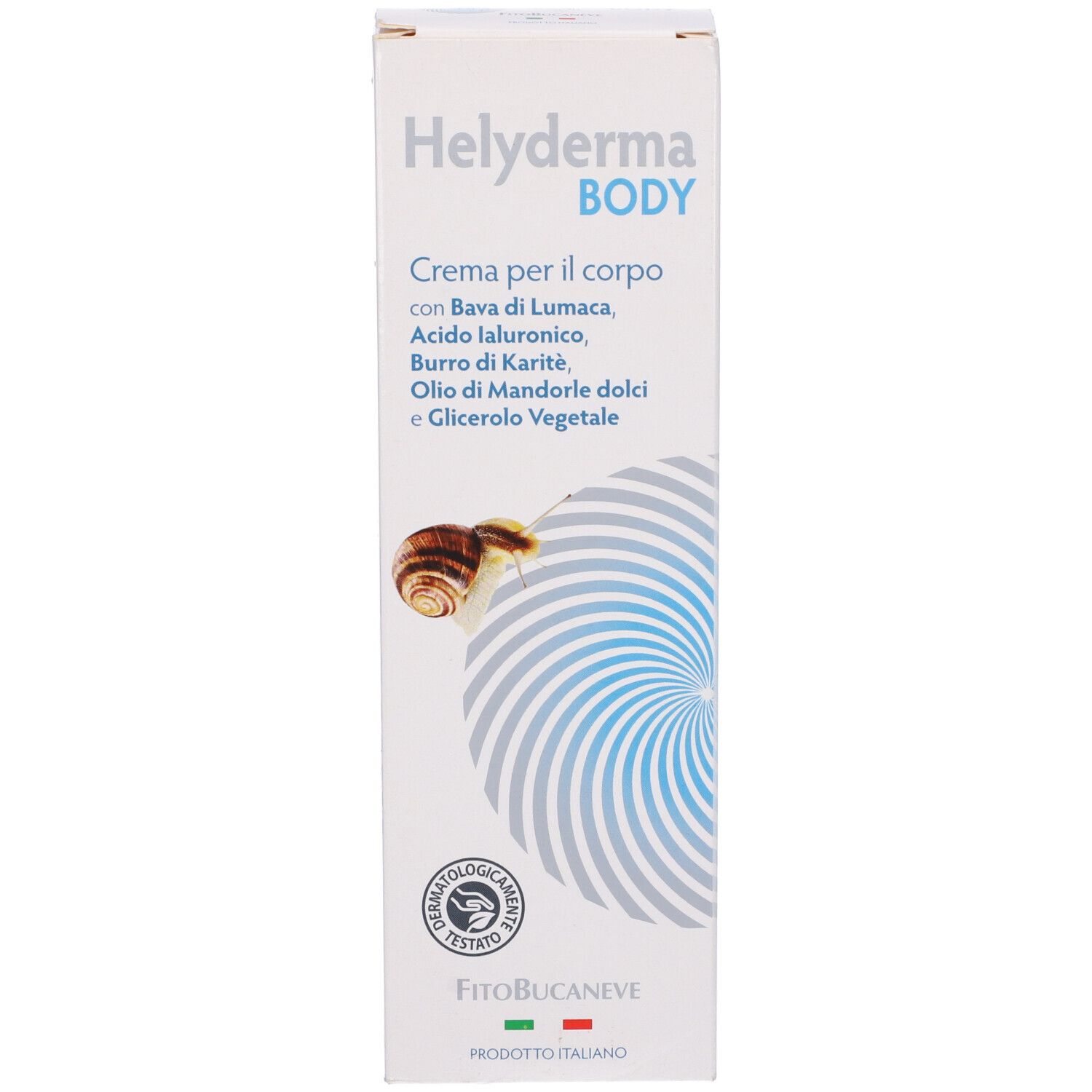 Scatola. Scritta: Helyderma BODY. Testo: Creme per il corpo. Logo FitoBucaneve.