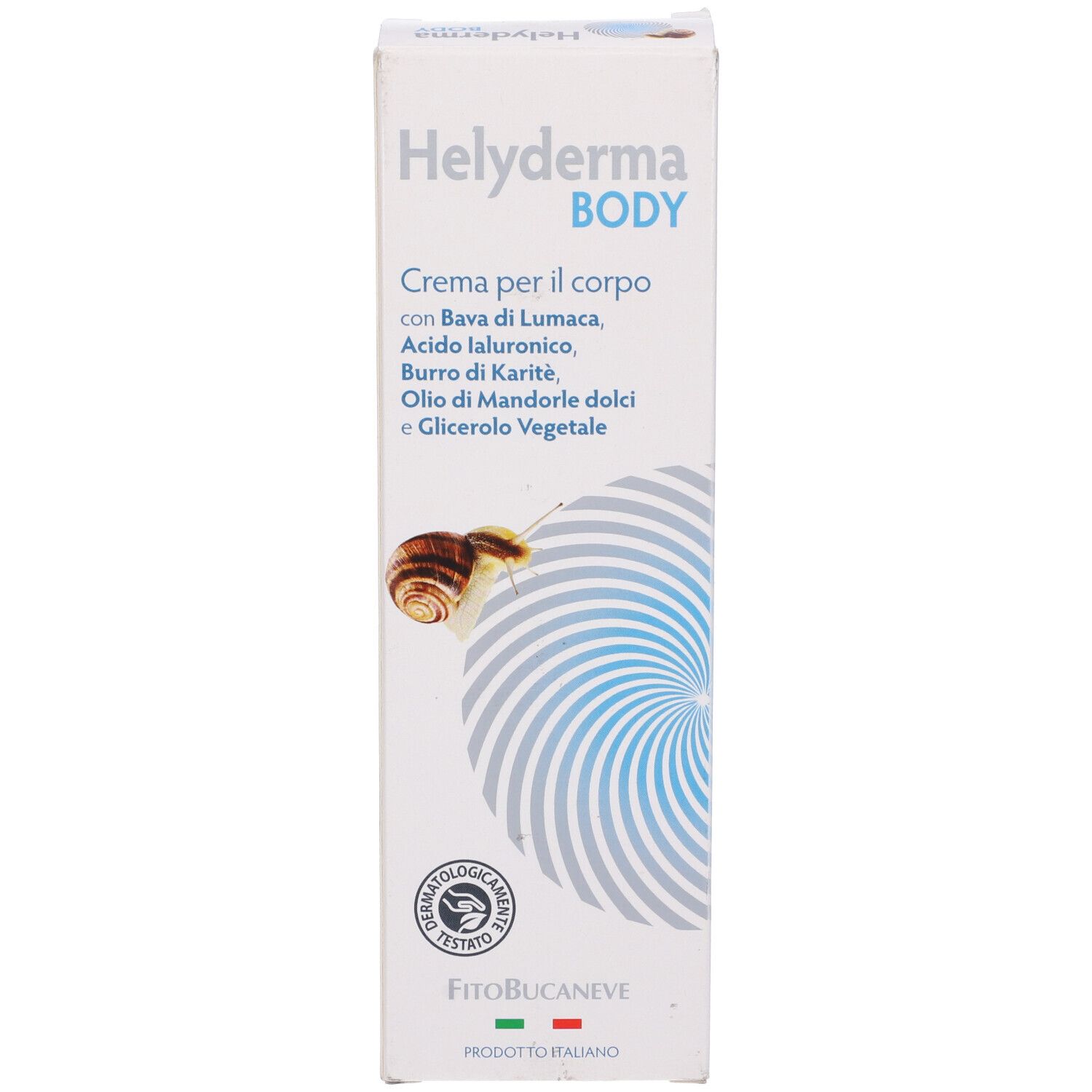 Scatola. Scritta: Helyderma BODY. Testo: Creme per il corpo. Logo FitoBucaneve.