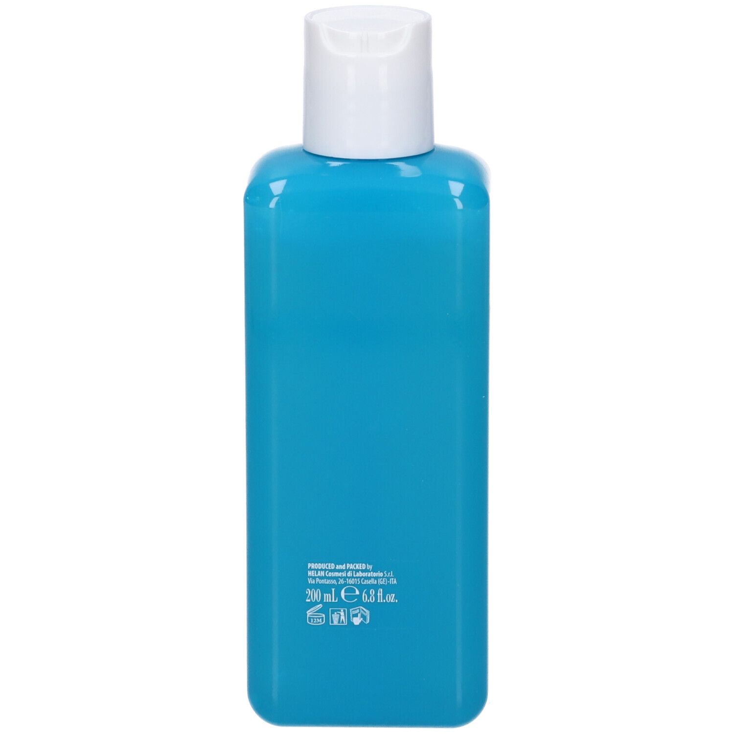 Retro di un flacone di gel blu con tappo bianco. Testo e simboli.