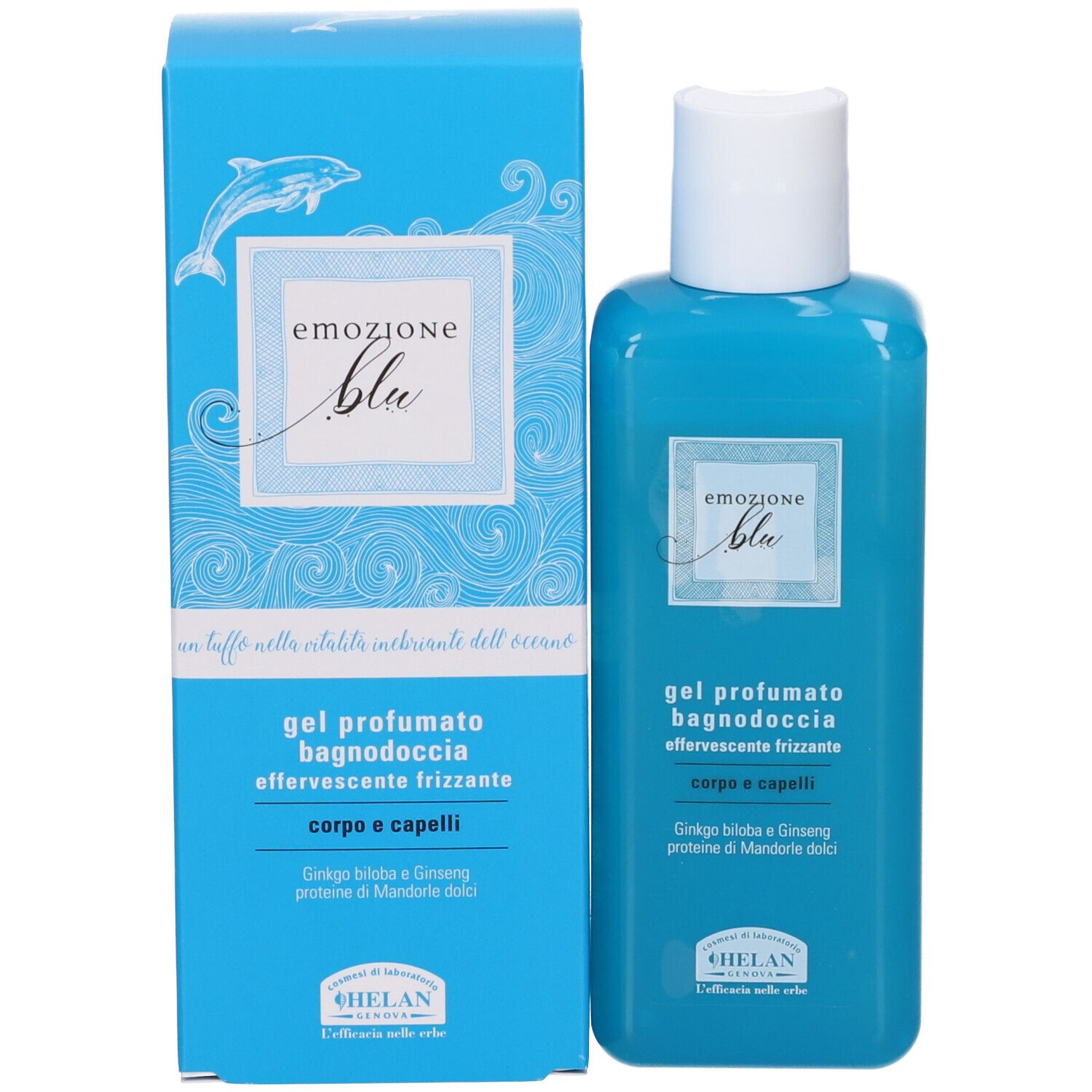 Prodotto blu con confezione. Scritta: Emozione Blu, Gel Profumato Bagnodoccia, logo Helan.