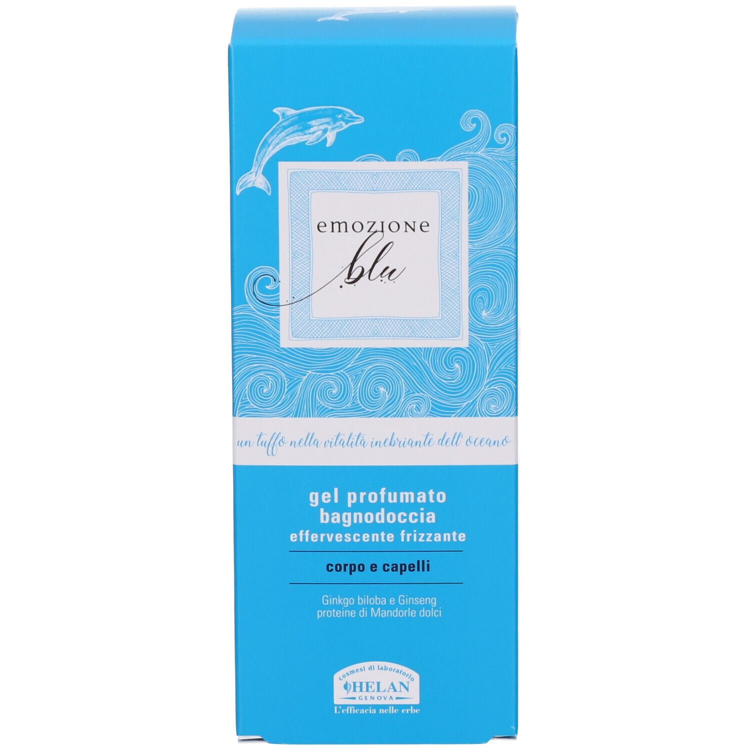 Prodotto blu con confezione. Scritta: Emozione Blu, Gel Profumato Bagnodoccia, logo Helan.