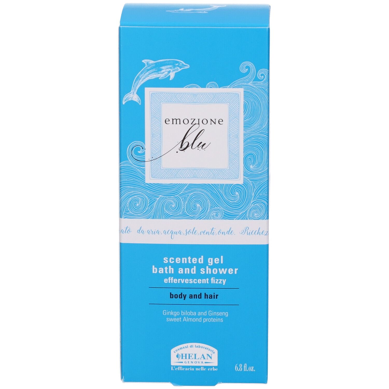 Confezione blu con testo e logo. Scritta: Emozione Blu, Scented Gel, Helan.