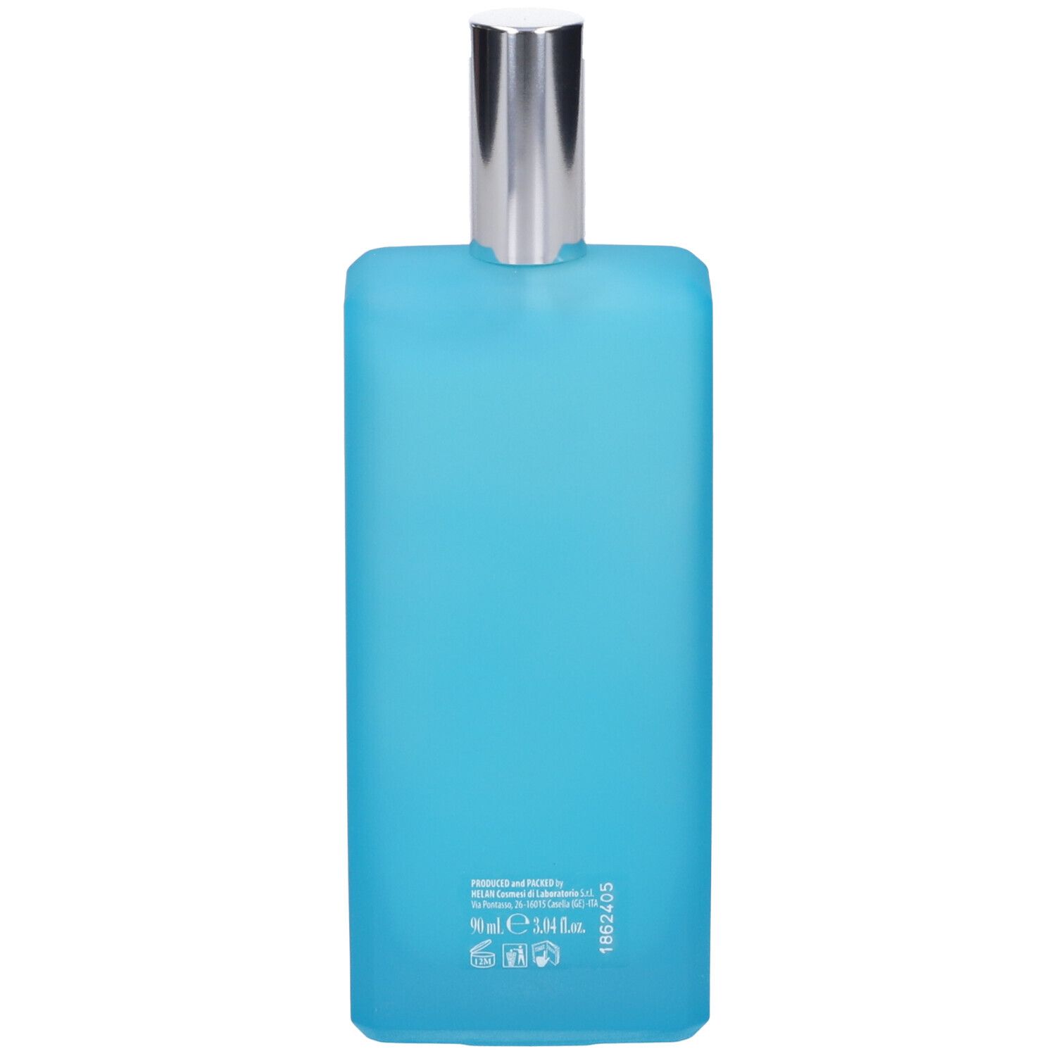 Retro di un flacone di balsamo blu. Scritta: informazioni e ingredienti. Volume: 50 ml.