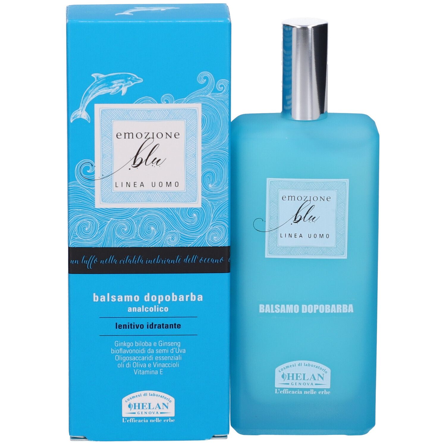 Flacone blu di balsamo accanto a una scatola blu. Scritta: Emozione Blu, Balsamo Dopobarba, Linea Uomo. Marchio: Helan. Scatola con delfino.