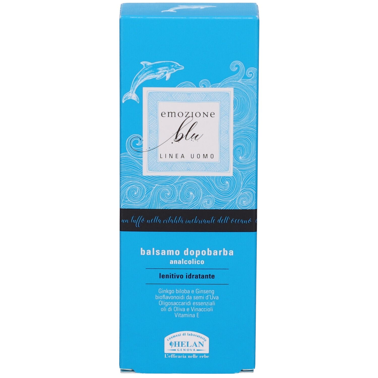 Scatola blu con delfino. Scritta: Emozione Blu, Balsamo Dopobarba, Linea Uomo. Marchio: Helan. Testo sugli ingredienti.