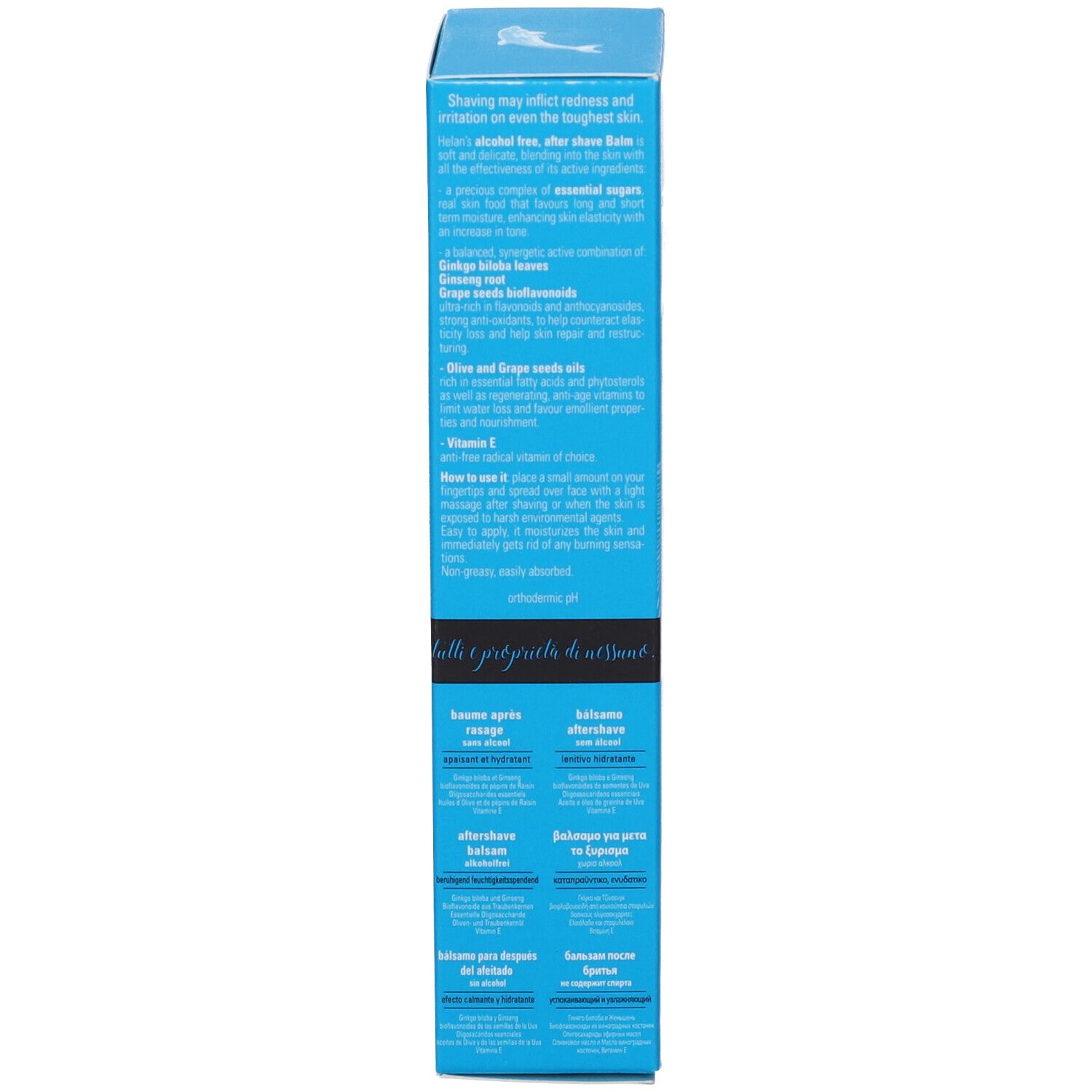 Scatola blu con testo su ingredienti e uso. Contiene informazioni su ingredienti e uso.