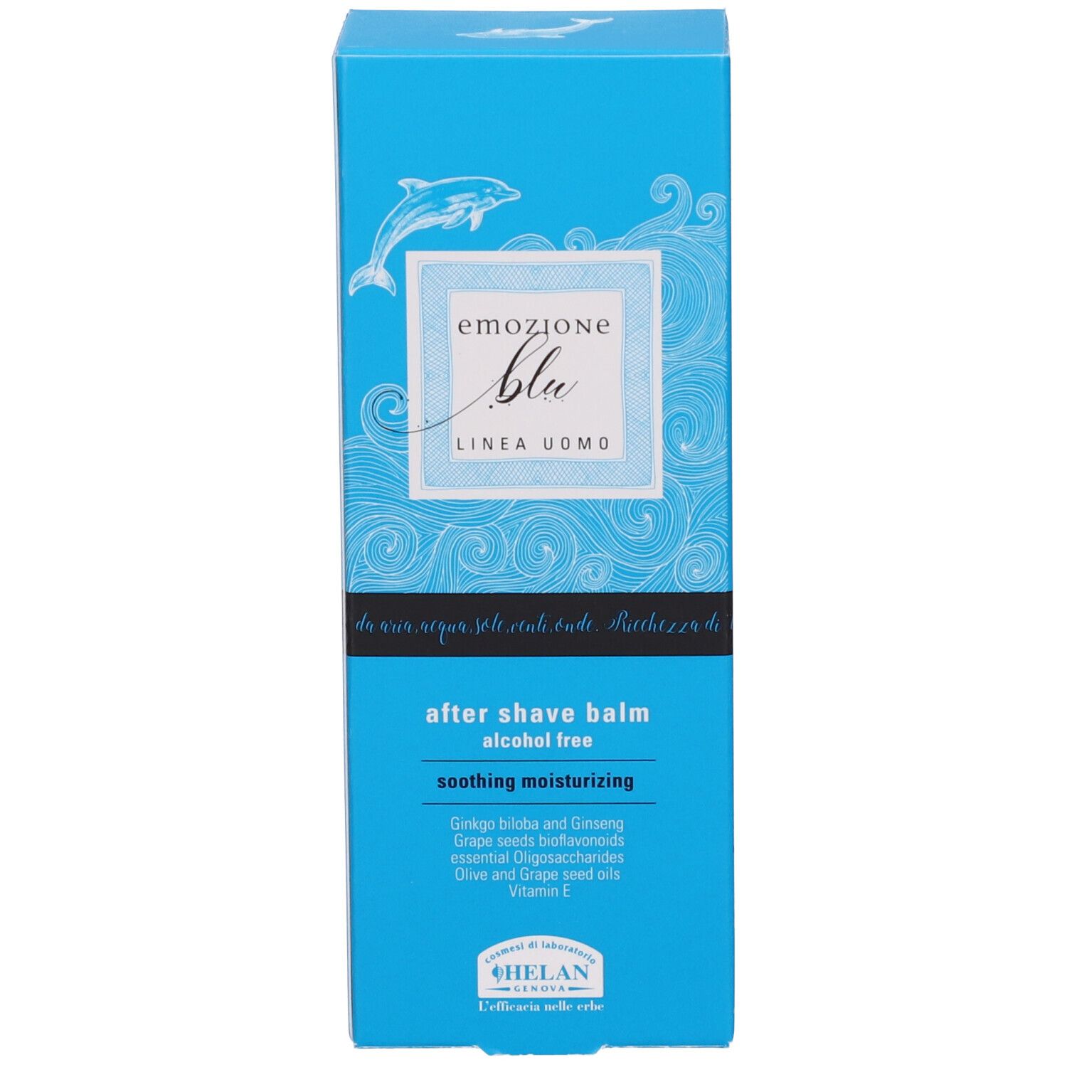 Scatola blu con delfino. Scritta: Emozione Blu, After Shave Balm, senza alcool. Testo sugli ingredienti.