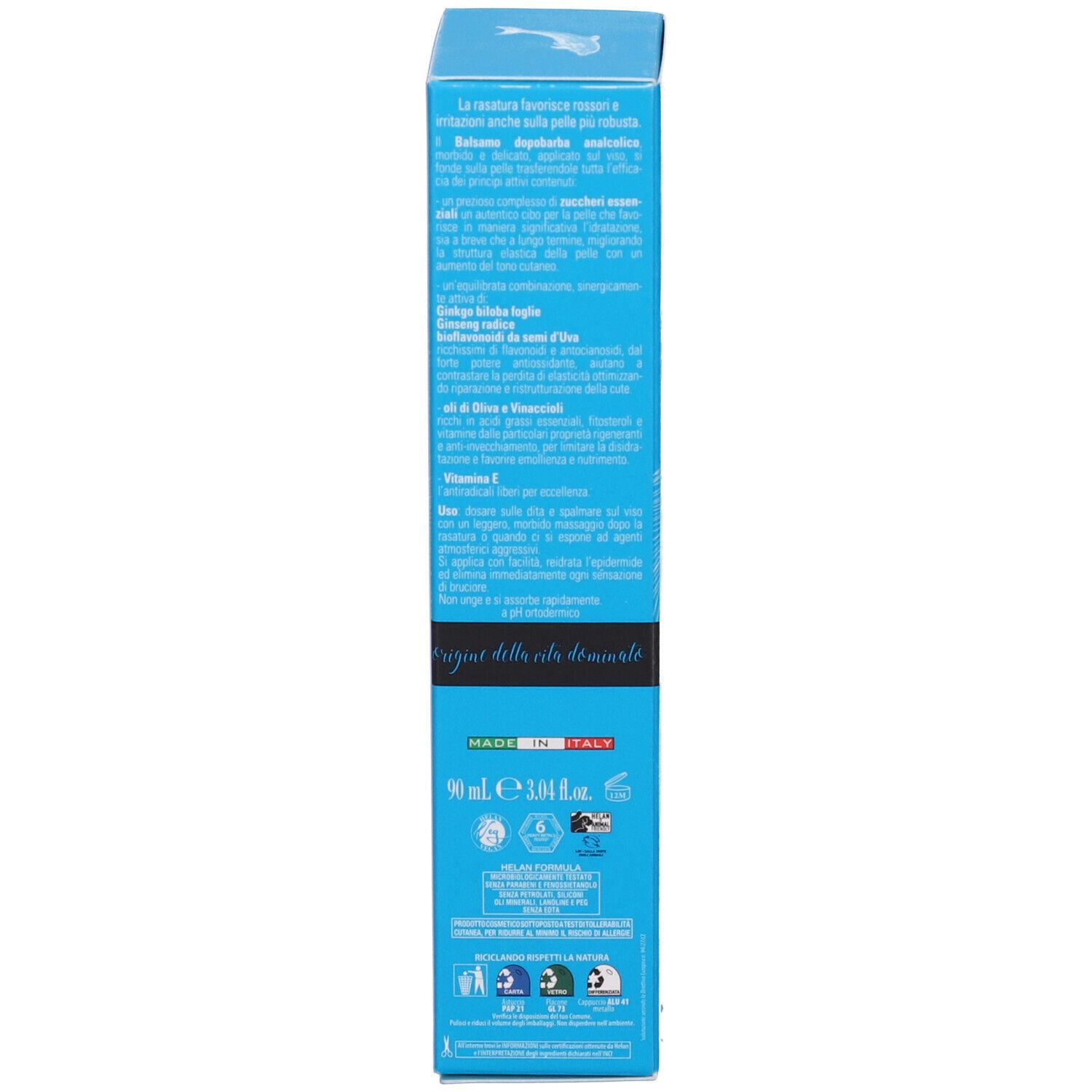 Scatola blu con testo su uso e ingredienti. Volume: 90 ml. Fatto in Italia. Certificazioni.