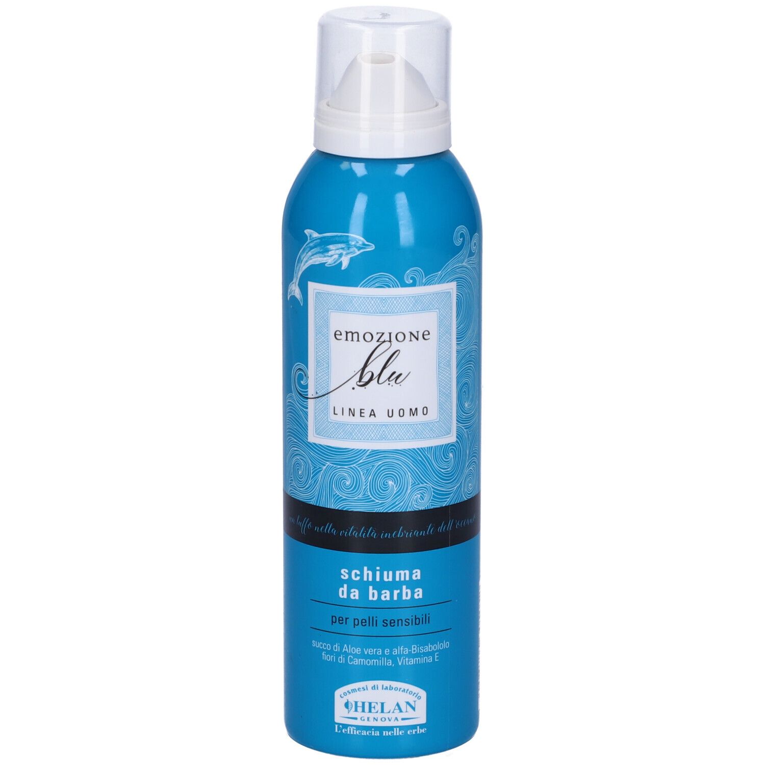 Flacone blu con tappo bianco. Scritta: Emozione Blu, Schiuma da barba. Per pelli sensibili. Marchio: Helan.