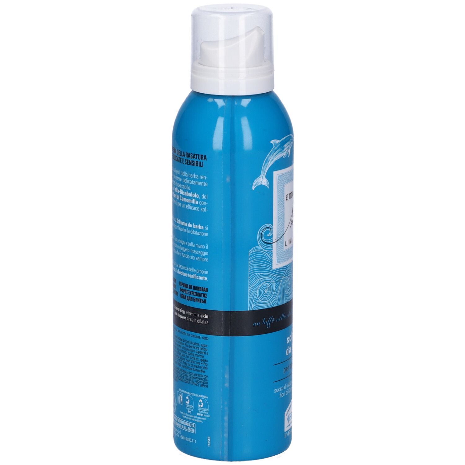 Retro flacone blu con testo. Scritta: Emozione Blu, Schiuma da barba. Marchio: Helan. Contiene informazioni.