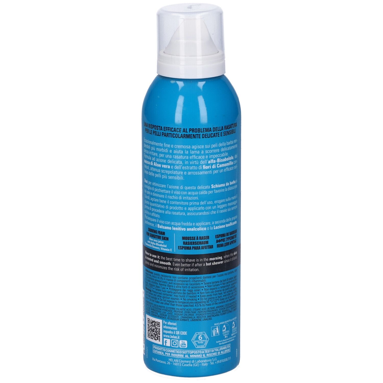 Retro flacone blu con testo. Scritta: Emozione Blu, Schiuma da barba. Marchio: Helan. Contiene informazioni.