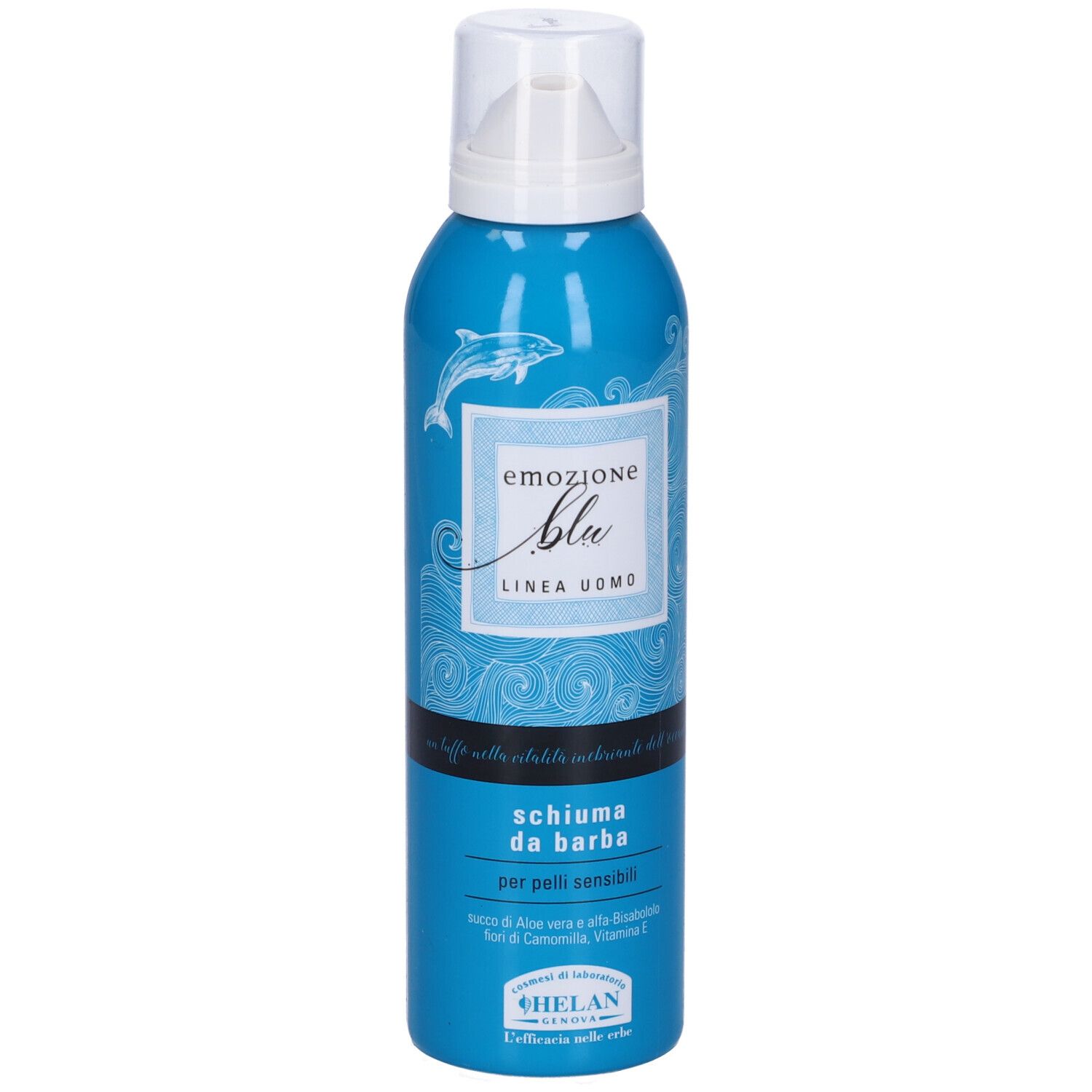Flacone blu con tappo bianco. Scritta: Emozione Blu, Schiuma da barba. Per pelli sensibili. Marchio: Helan.