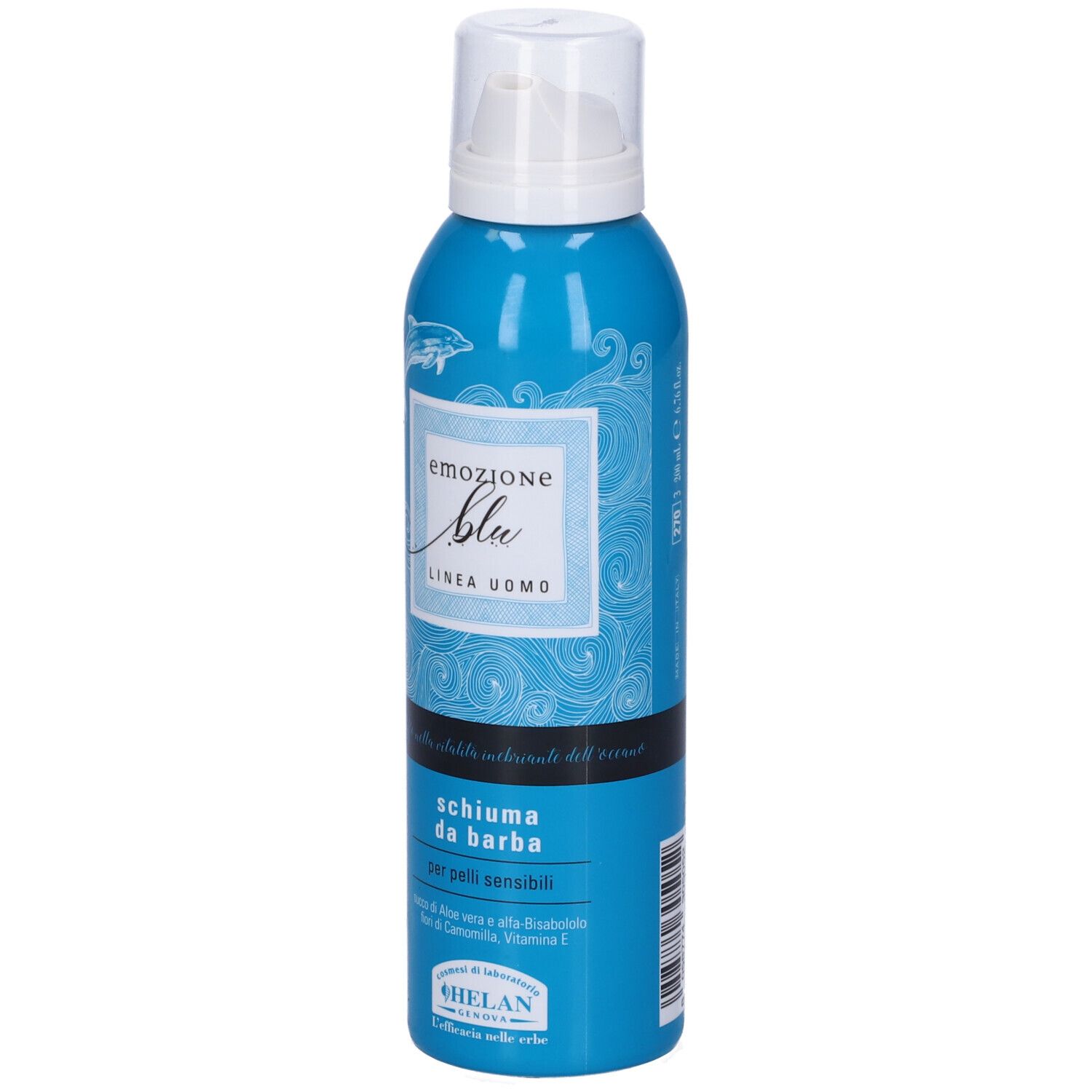 Flacone blu con tappo bianco. Scritta: Emozione Blu, Schiuma da barba. Per pelli sensibili. Marchio: Helan.