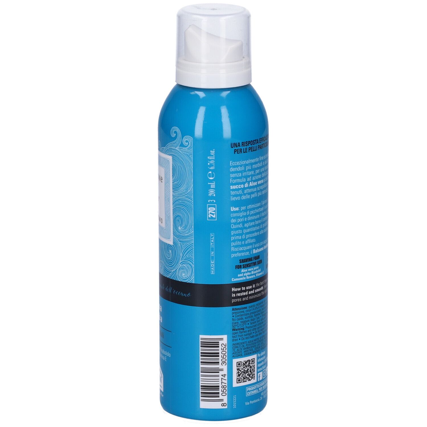 Retro flacone blu con testo. Scritta: Emozione Blu, Schiuma da barba. Marchio: Helan. Contiene informazioni.