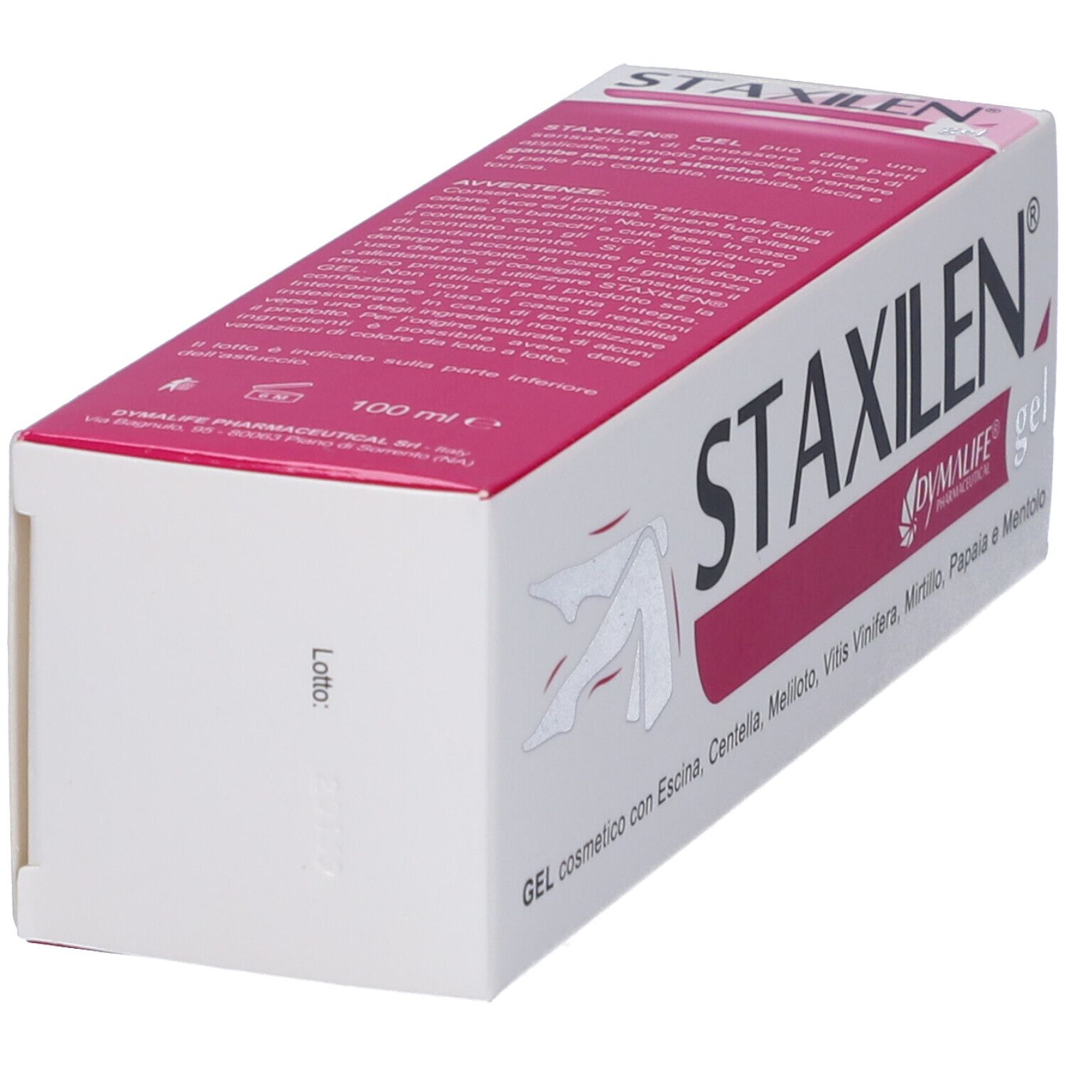 Scatola del prodotto STAXILEN. Rosa e bianco. Testo: GEL cosmetico con Escina, Centella, Meliloto, Vitis Vinifera, Mirtillo, Papaia e Mentolo.