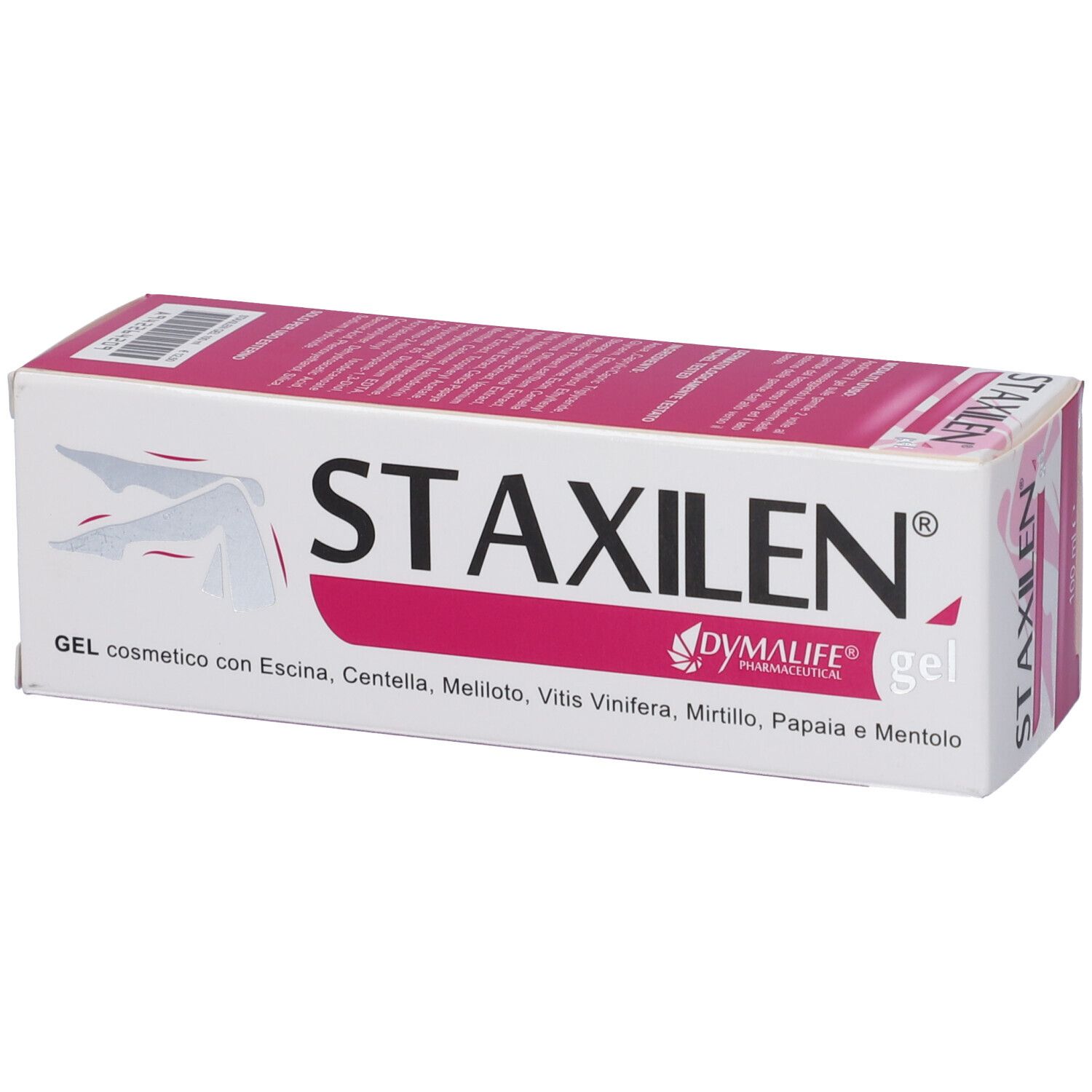 Scatola bianca e rosa con prodotto STAXILEN. Testo: GEL cosmetico con Escina, Centella, Meliloto, Vitis Vinifera, Mirtillo, Papaia e Mentolo.