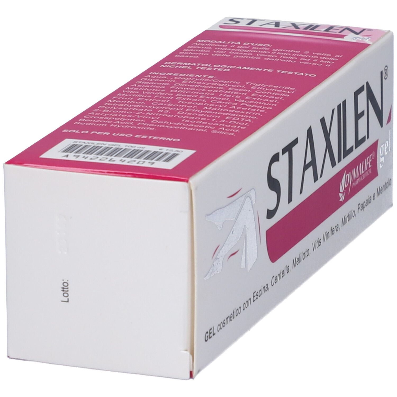 Scatola del prodotto STAXILEN. Rosa e bianco. Testo: GEL cosmetico con Escina, Centella, Meliloto, Vitis Vinifera, Mirtillo, Papaia e Mentolo.