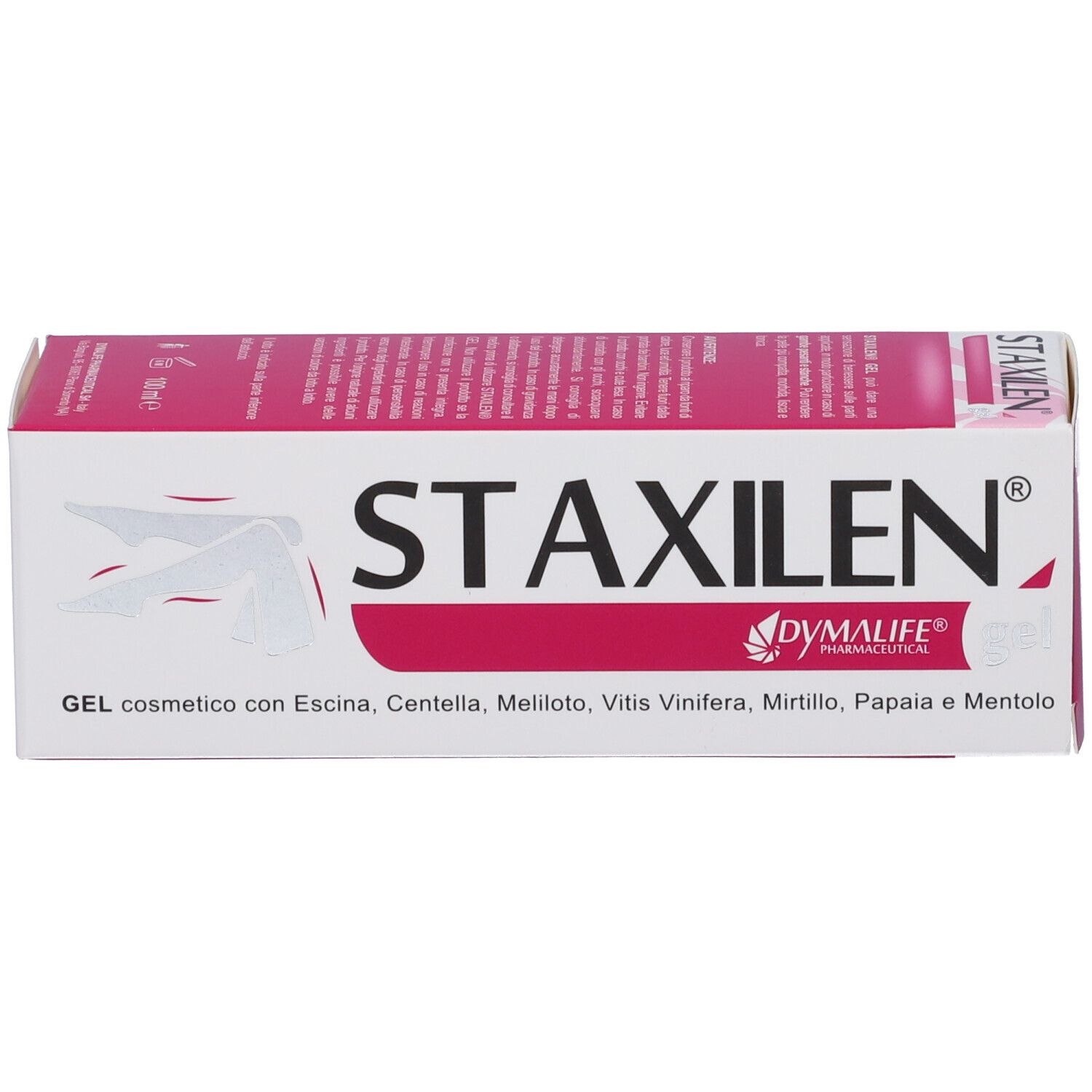 Scatola bianca e rosa con prodotto STAXILEN. Testo: GEL cosmetico con Escina, Centella, Meliloto, Vitis Vinifera, Mirtillo, Papaia e Mentolo.