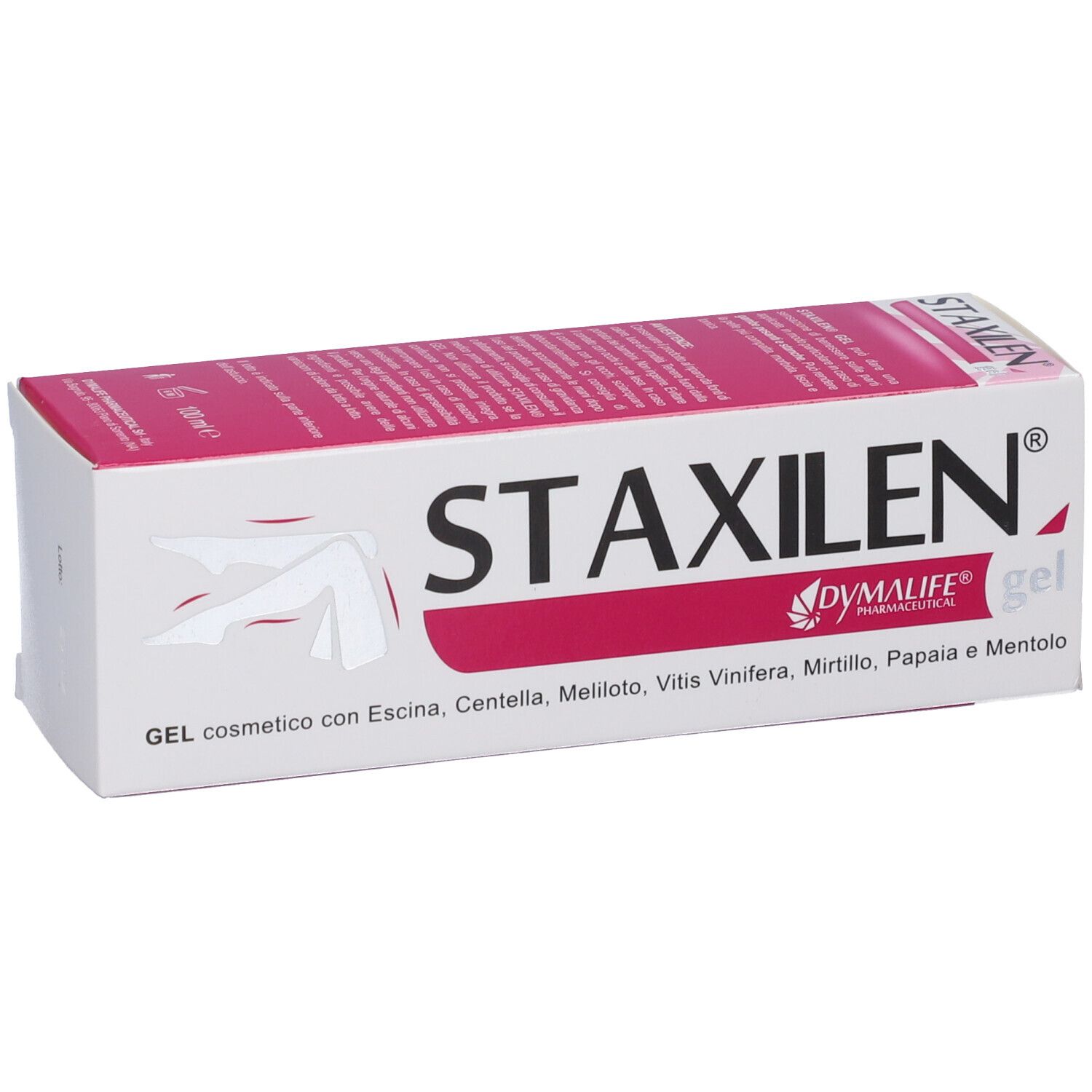 Scatola bianca e rosa con prodotto STAXILEN. Testo: GEL cosmetico con Escina, Centella, Meliloto, Vitis Vinifera, Mirtillo, Papaia e Mentolo.
