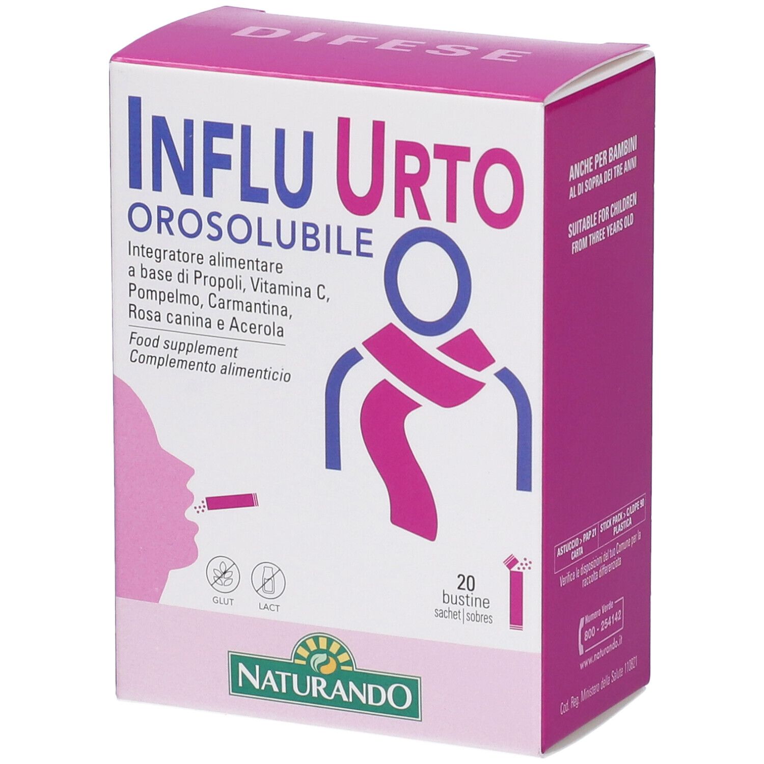 Scatola del prodotto con nome e ingredienti. Colori rosa e bianco. 20 bustine.