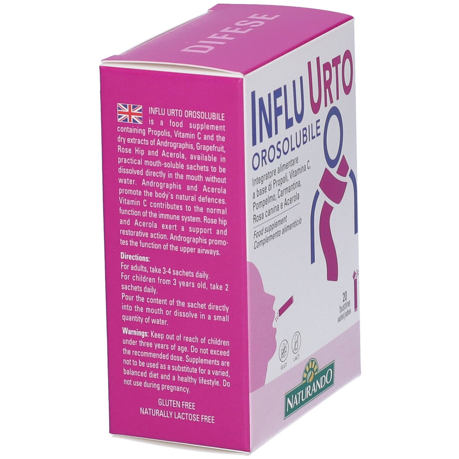 Scatola del prodotto con testo e ingredienti. Colori rosa e bianco. Senza glutine e lattosio.