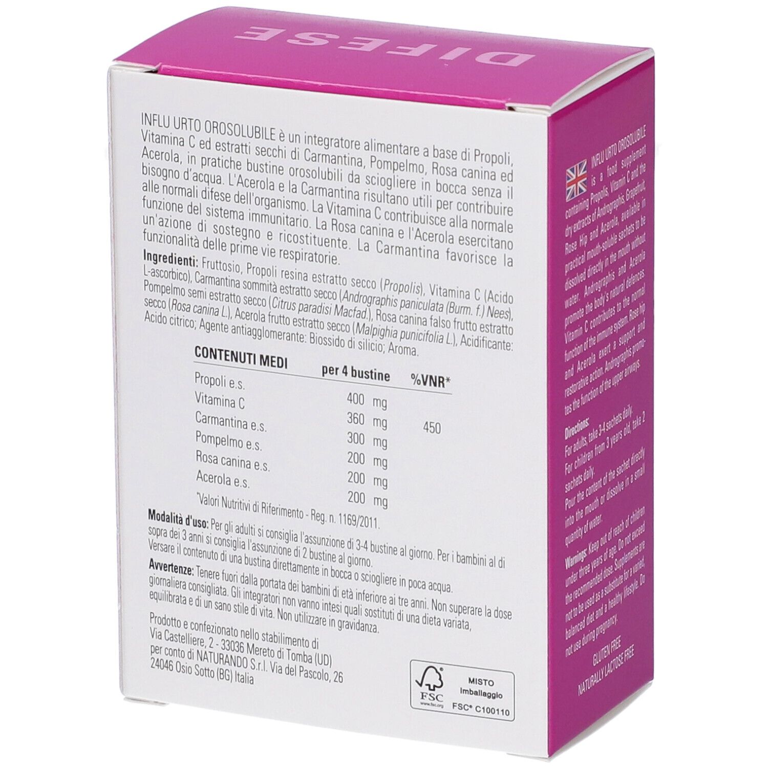 Scatola del prodotto con testo e ingredienti. Colori rosa e bianco. Certificazione FSC.